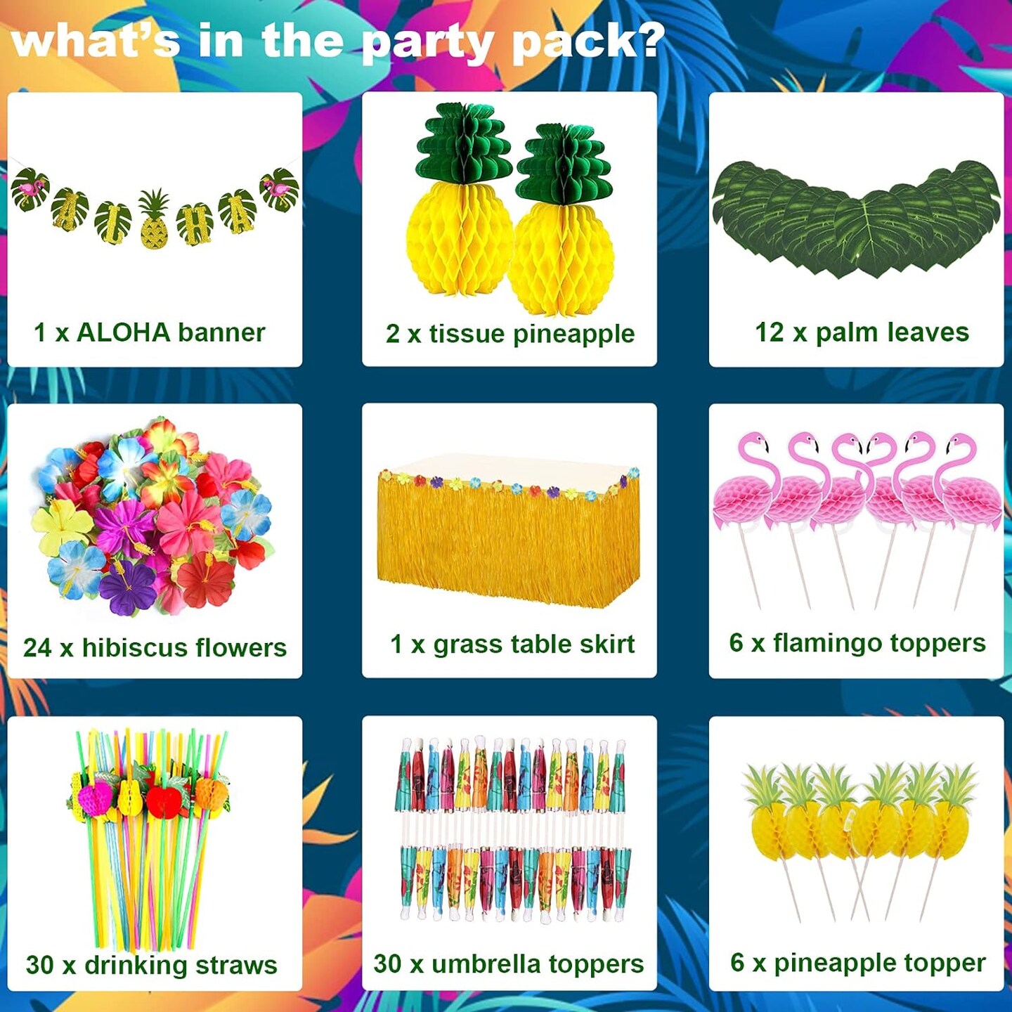 Tropical Luau Party Decoration Pack Hawaiian Beach Theme Party Favors Luau Party Supplies (112 PCS) including Banner, Table Skirt, Straws, Flamingo, Pineapple Décors.
