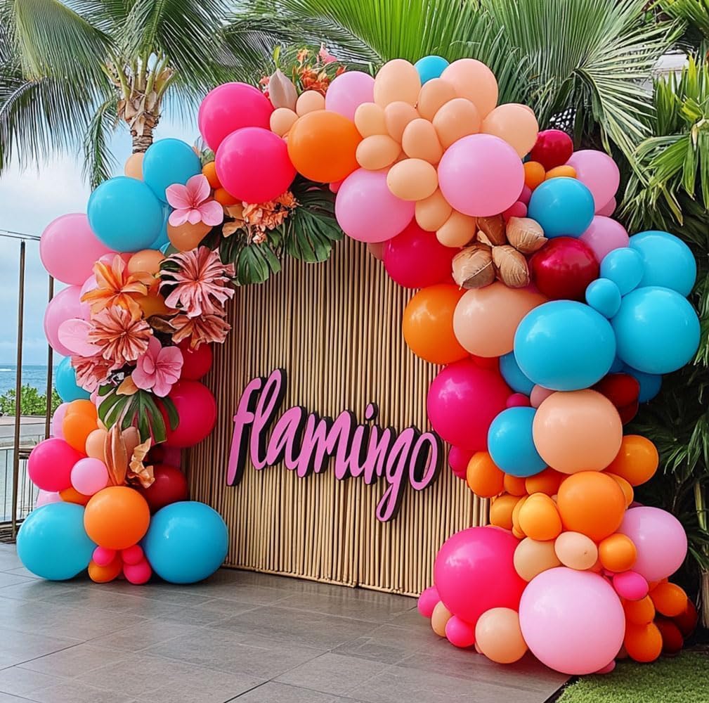 Hot Pink Blue Orange Balloon Garland Double Stuffed Teal Orange Pastel Pink Peach Latex Metallic Burgundy Balloon Arch Kit for Tropical Summer Hawaii Luau Flamingo Birthday Party Decoration