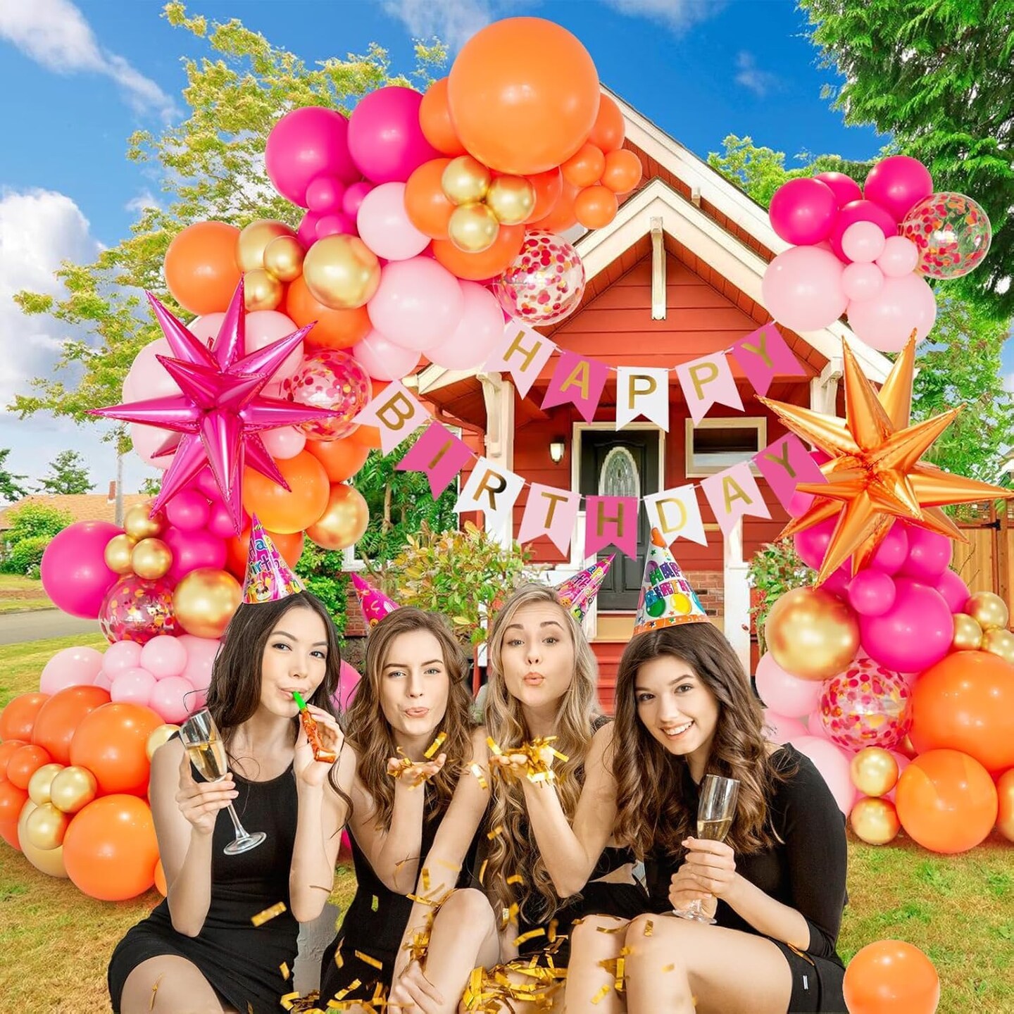 Pink Orange Balloon Garland Arch Kit, 146pcs Hot Pink Orange Metallic Gold Latex Balloons with Hot Pink and Orange Exploding Star Foil Balloons for Birthday Summer Tropical Wedding Party Decorations