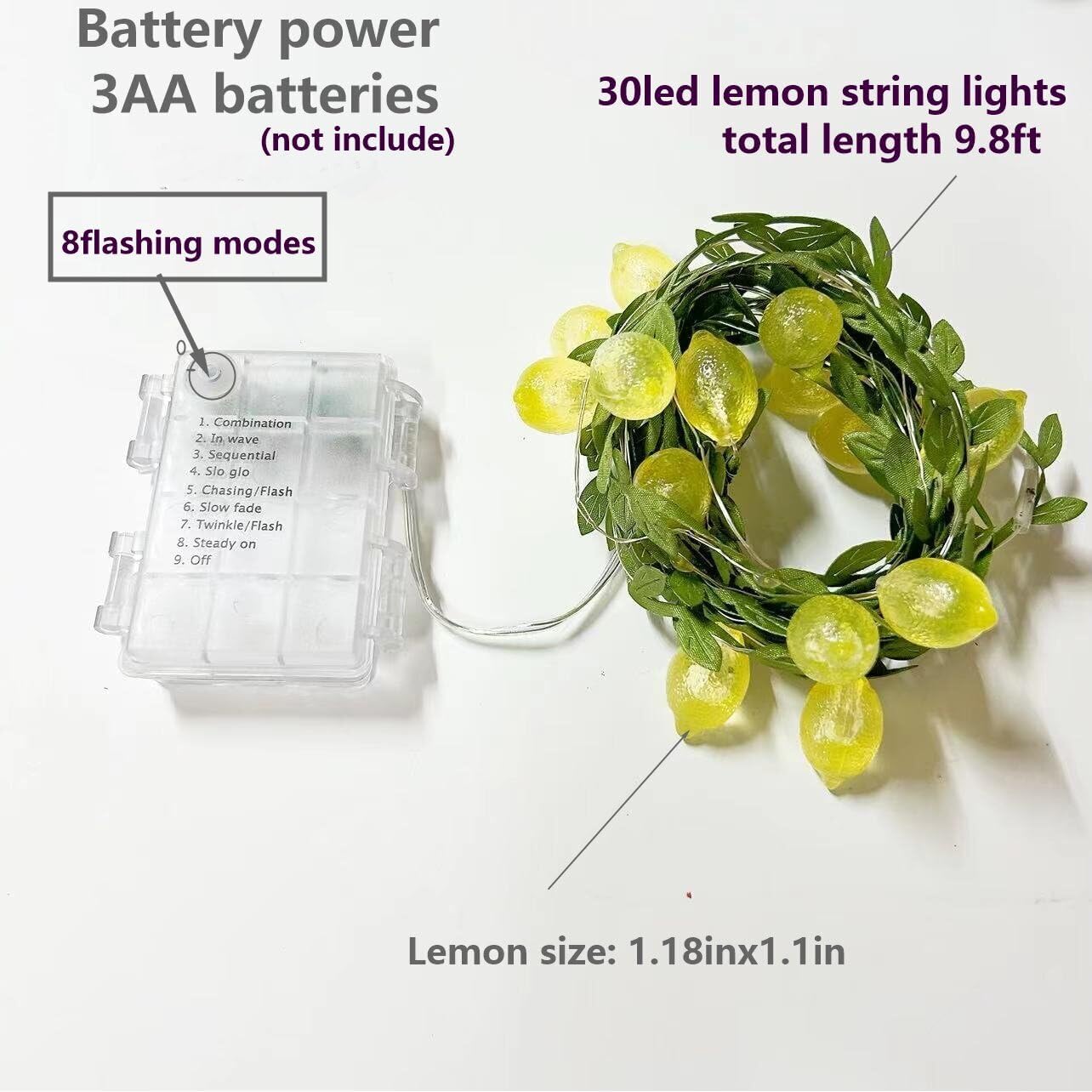 10FT Lemon Vine String Lights – 30 LED Battery-Operated Fairy Lights with Leaves, 8 Modes for Bedroom, Birthday, Garden, and Party Decorations