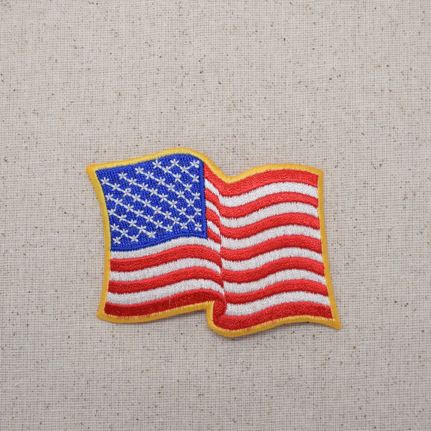 Waving US American Flag, Yellow Border, Patriotic, Embroidered, Iron on Patch