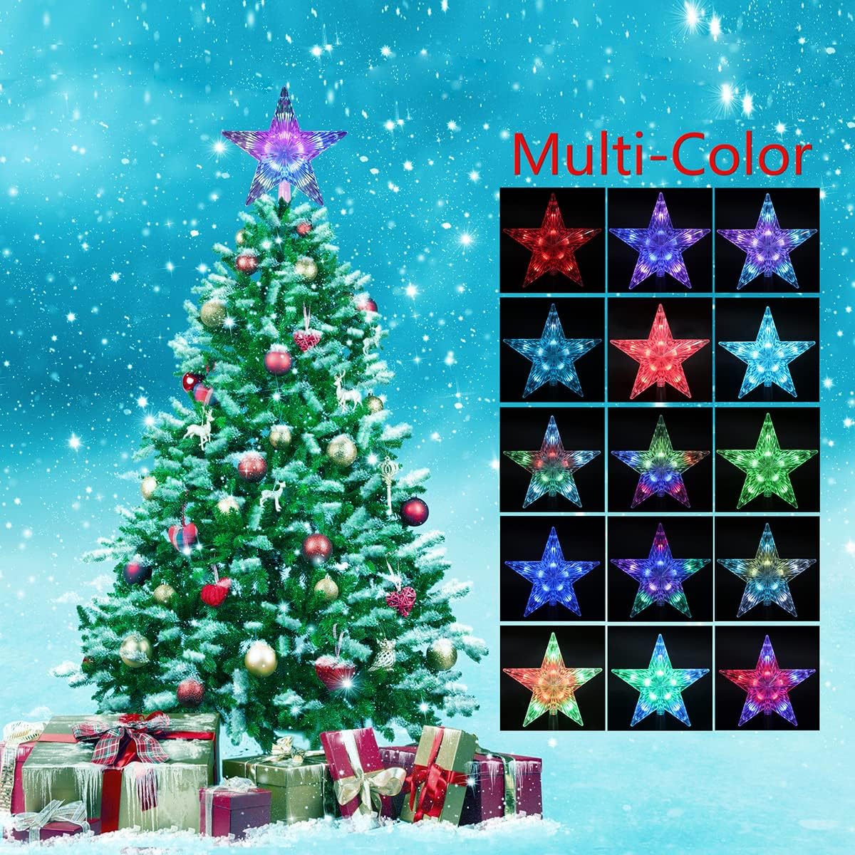 Christmas Star Tree Topper Lights - 9.5 Inch & 10 LED with Remote (3AA Battery Powered)