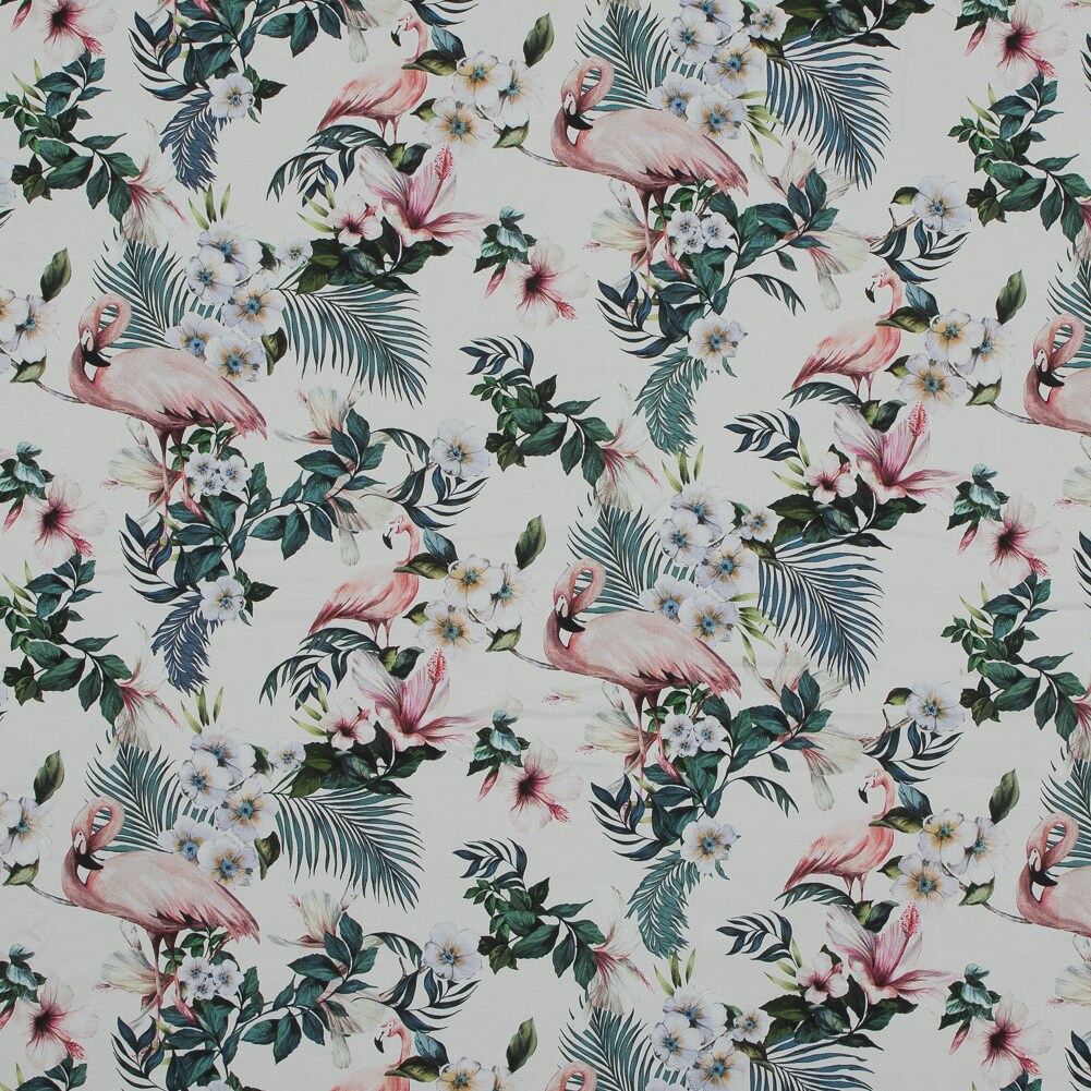 1 Yard Stretch Cotton Sateen White Flamingos and Leaves Balance of Unity Print Fabric