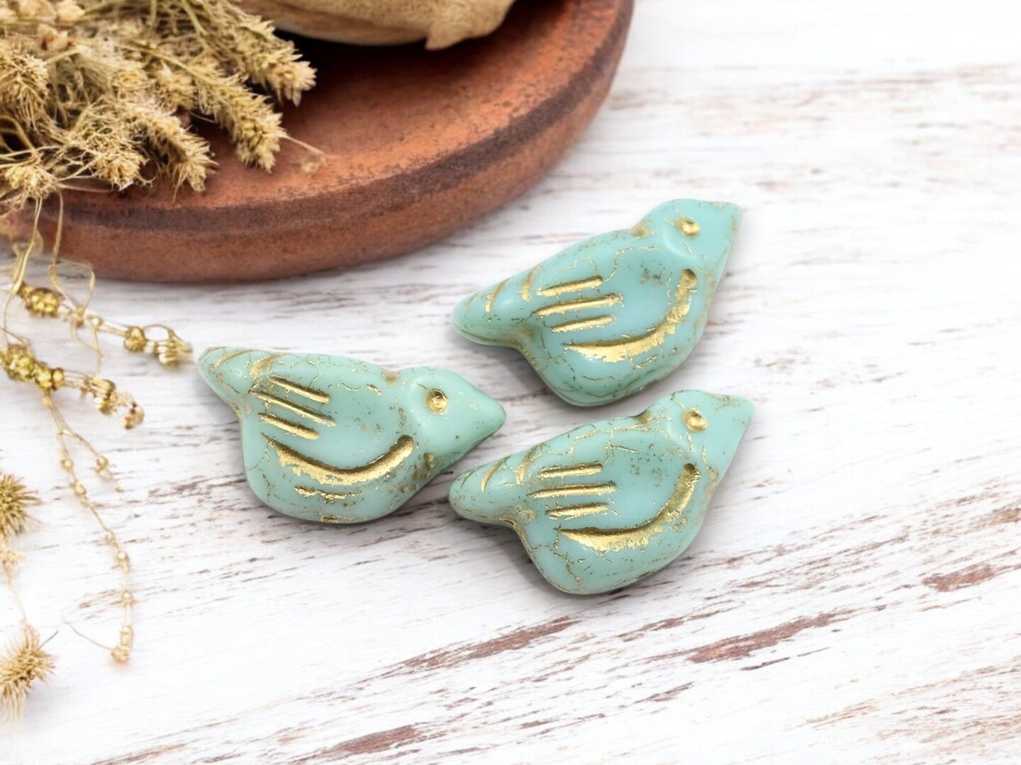*2* 11x22mm Gold Washed Mint Green Bird Beads