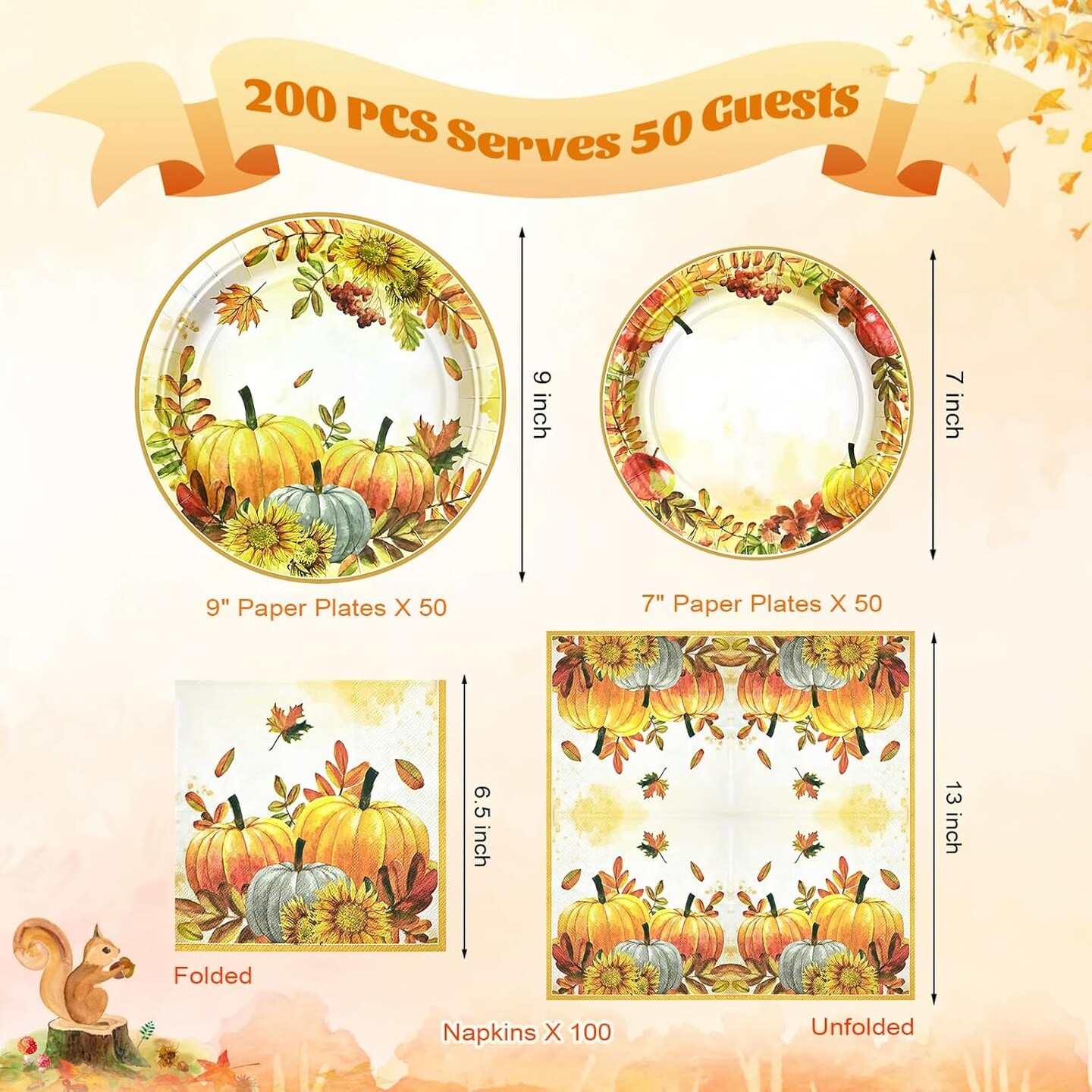 200 PCS Thanksgiving Pumpkin Paper Plates and Napkins Sets (Modern)