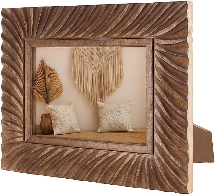 Hand Carved Mango Wood 5x7 Picture Frame with Real Glass(Brown)10.5"L x 8.5"W