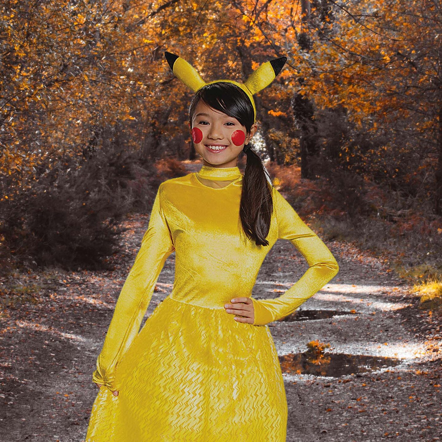 yellow dress for pikachu costume Girls with Tail Headband and Cheek Decals, Size: Medium (7 - 8) length dress also has a hood adorned with ear accent for charming flair Pokemon Pikachu Dress Deluxe Costume