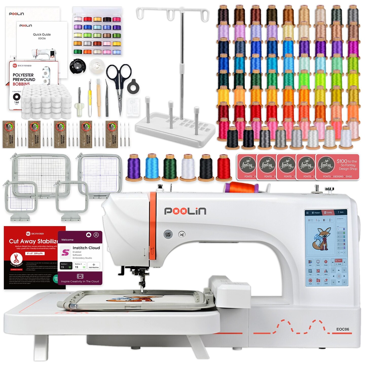 POOLIN EOC06 7.9in x 11in Embroidery Machine with 86 Embroidery Spools Bundle