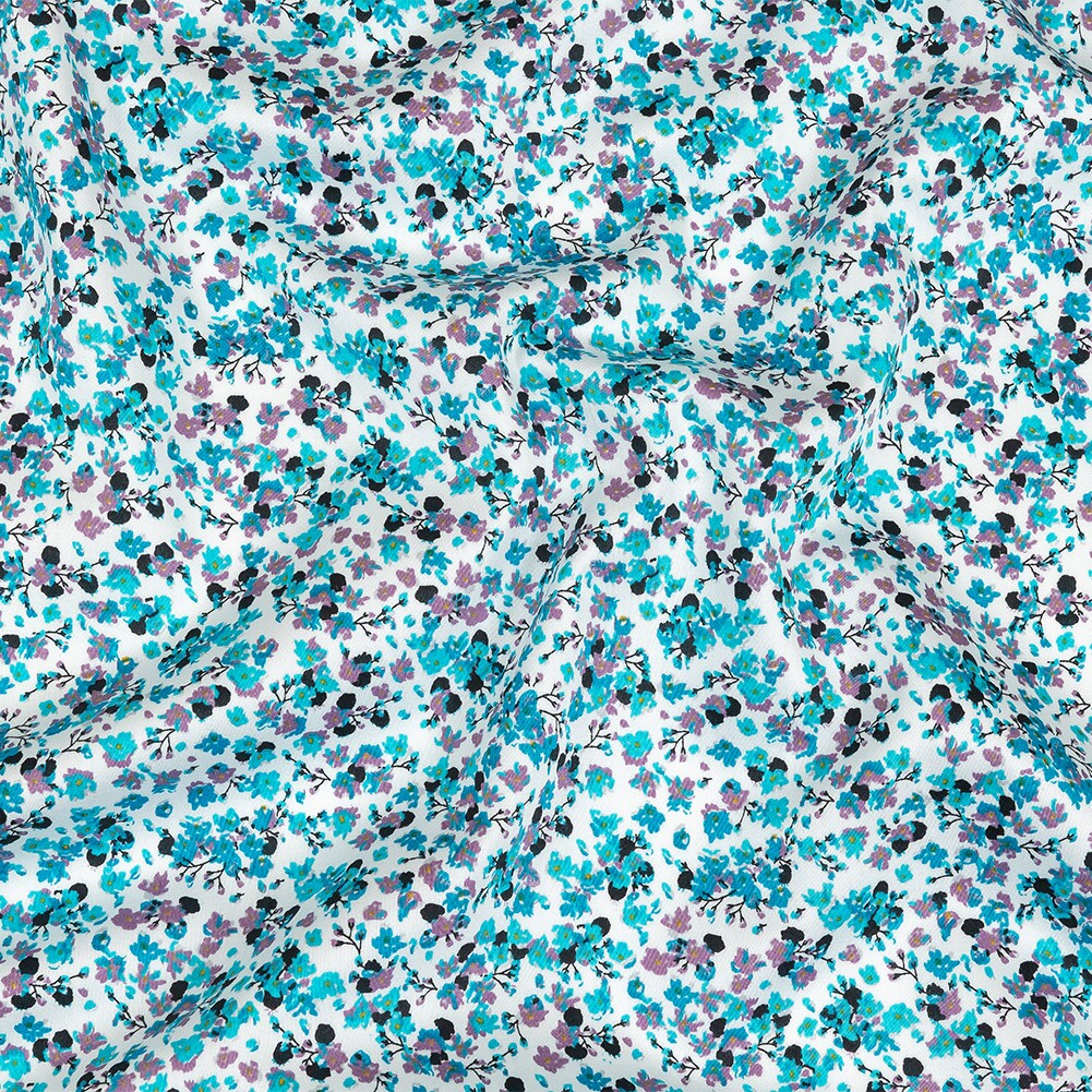 1 Yard Turquoise Lilac and White Tiny Flowers Cotton Shirting Fabric for Sewing Projects