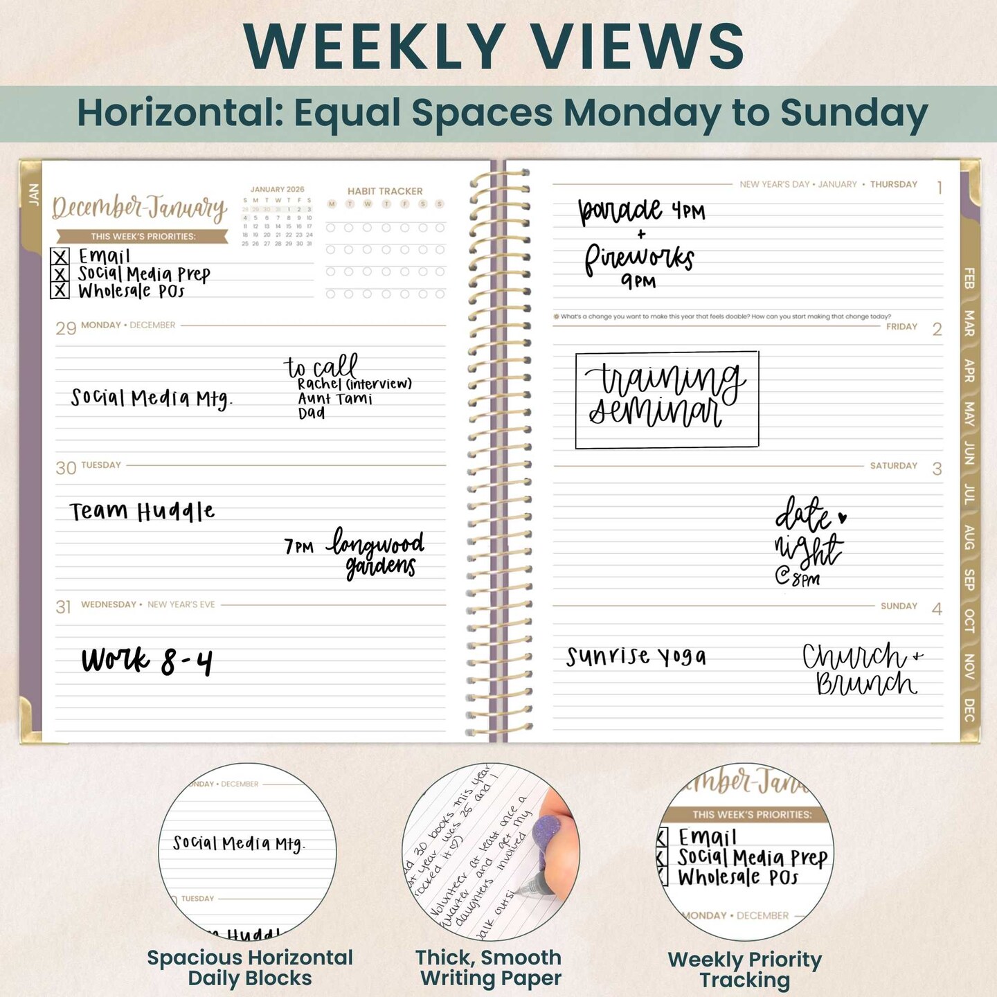 bloom daily planners 2026 Hard Cover Weekly &#x26; Monthly Planner, 8.5&#x22; x 11&#x22;, Linen, Purple