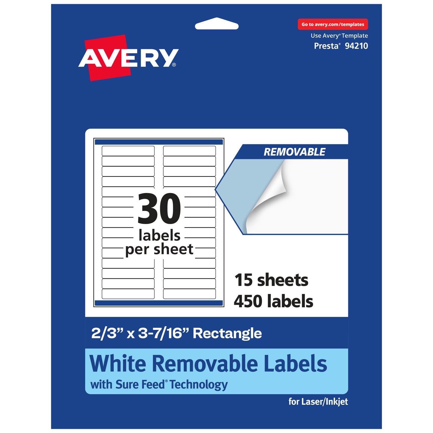 Avery Matte White Removable Rectangle Labels with Sure Feed Technology, 2/3" x 3-7/16"