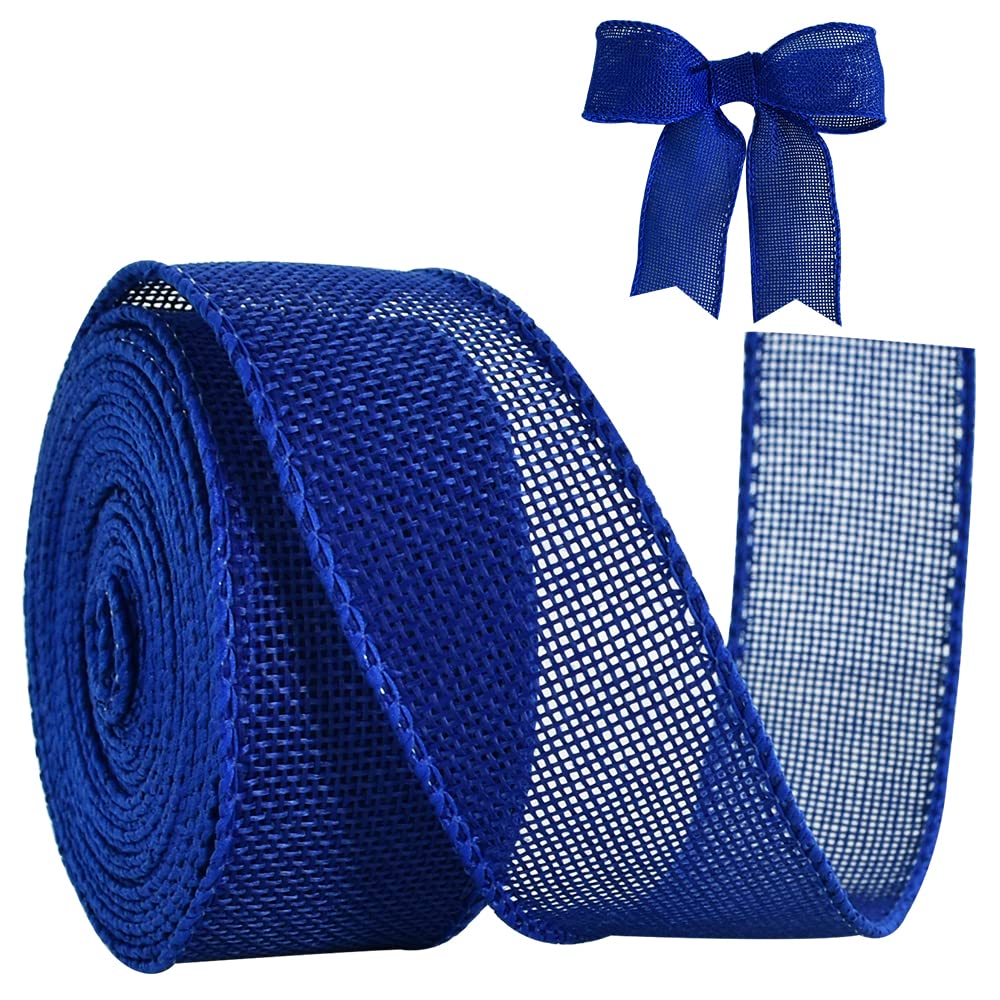TONIFUL Burlap Royal Blue Wired Ribbon, 1 1/2 inch 10 Yard Jute Ribbon for Decoration Bows Tree Toppers Ribbons Craft Gift Wrapping Wreath Sewing, for Winter Christmas Wreath Decor