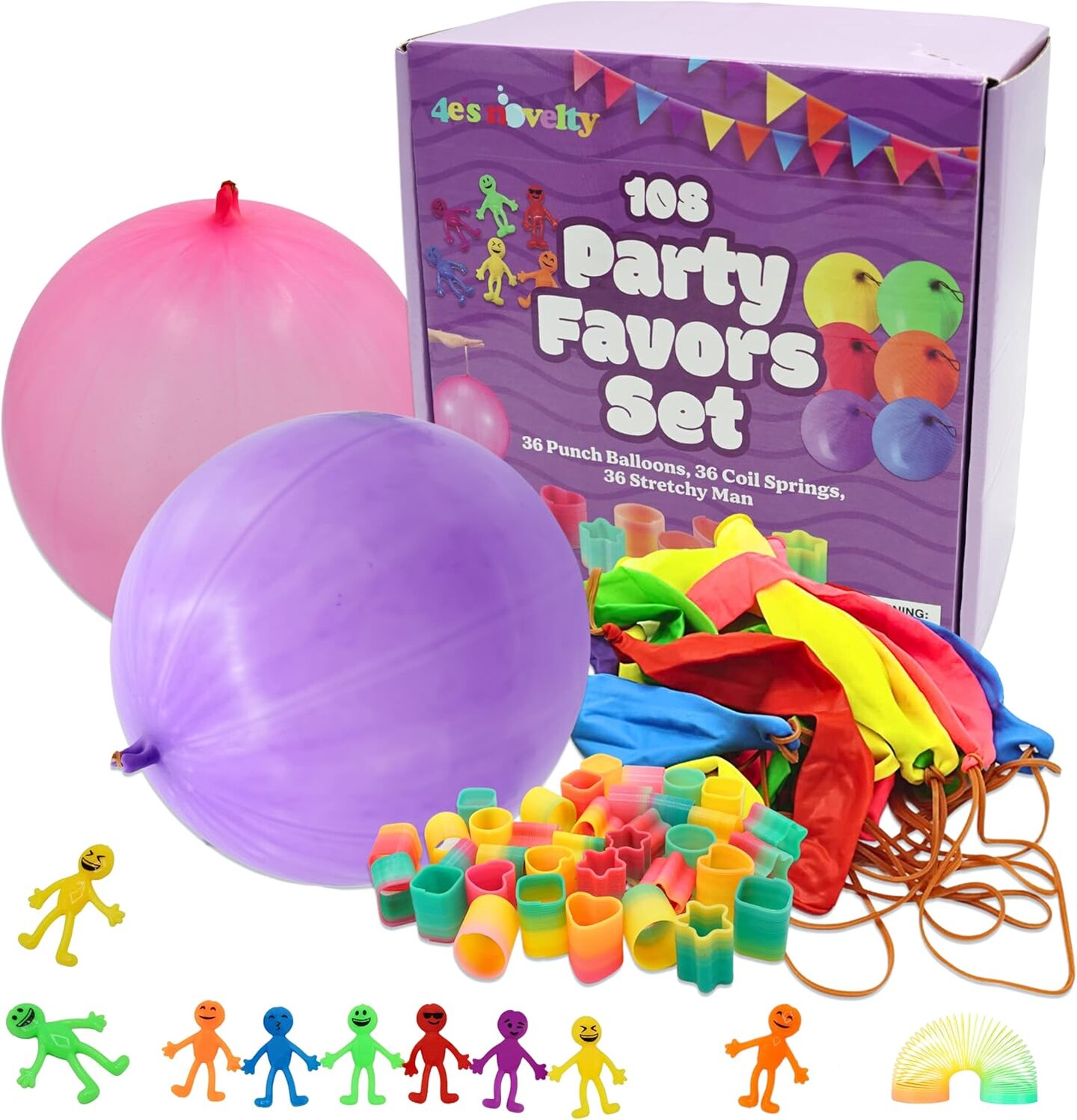 4E's Novelty 108 Pcs Prizes, 36 Of Each, Punch Balloons, Mini Coil Spring, Stretchy Bendable Man, Birthday Party Favor Sets for Kids, Sensory Fidget Treasure Chest Prize Box Toys for Classroom