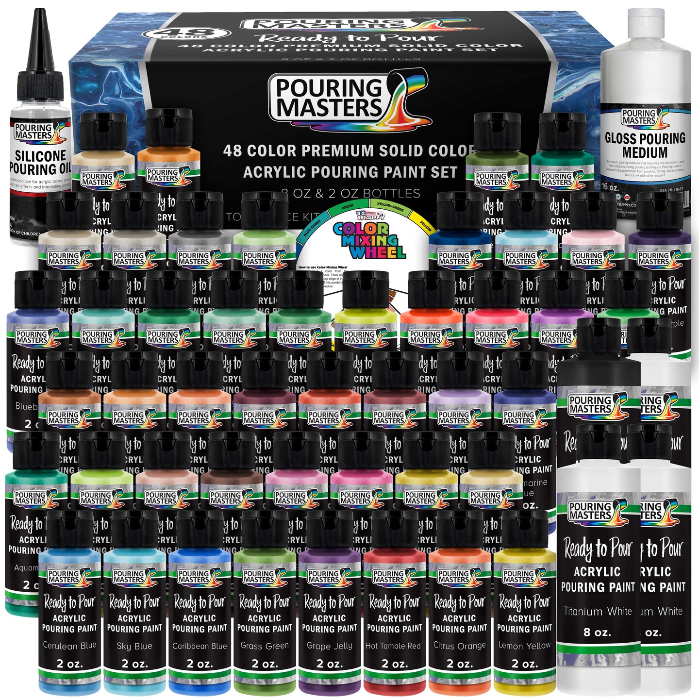 48-Color Ready-to-Pour Acrylic Pouring Paint Set: Premium Pre-Mixed, Silicone Oil &#x26; Gloss Medium, 2oz &#x26; 8oz Bottles, for Canvas, Wood &#x26; Crafts