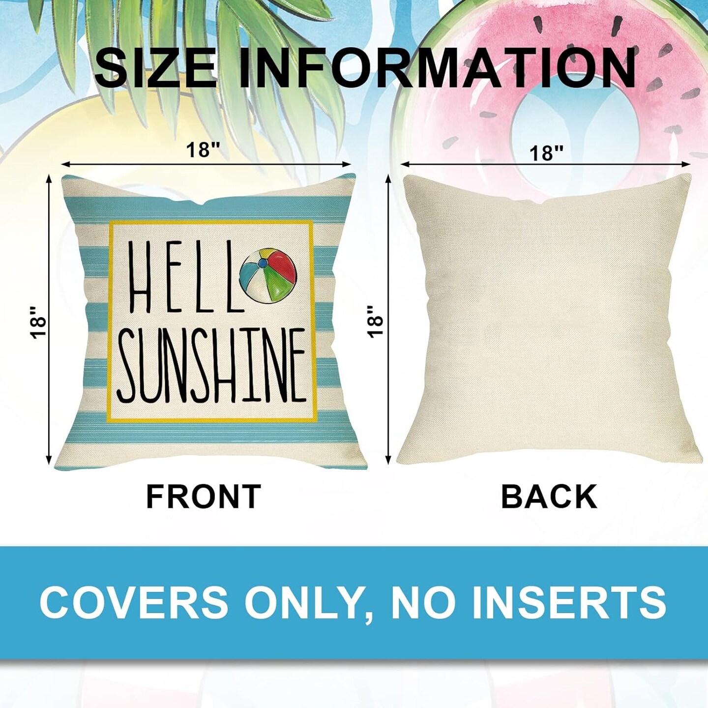 Hello Sunshine Pool Decorative Throw Pillow Covers 18x18 Set of 4, Happy Summer Duck Watermelon Swimming Ring Cushion Case Decor, Blue Stripes Flip Flops Seasonal Home Decoration for Sofa Couch