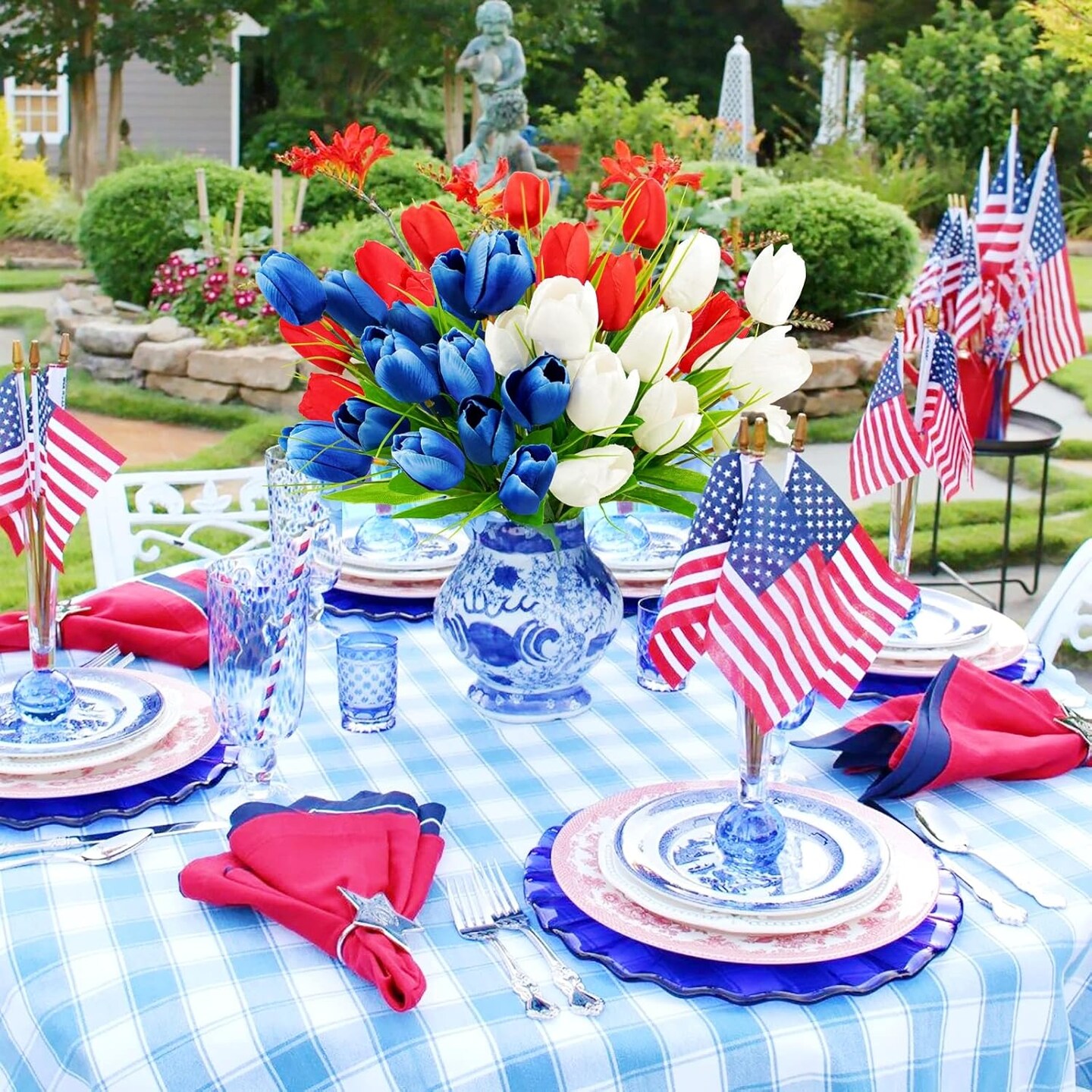 13" Fake Red White and Blue Memorial Tulips Bouquet for 4th of July Decorations Memorial Flowers