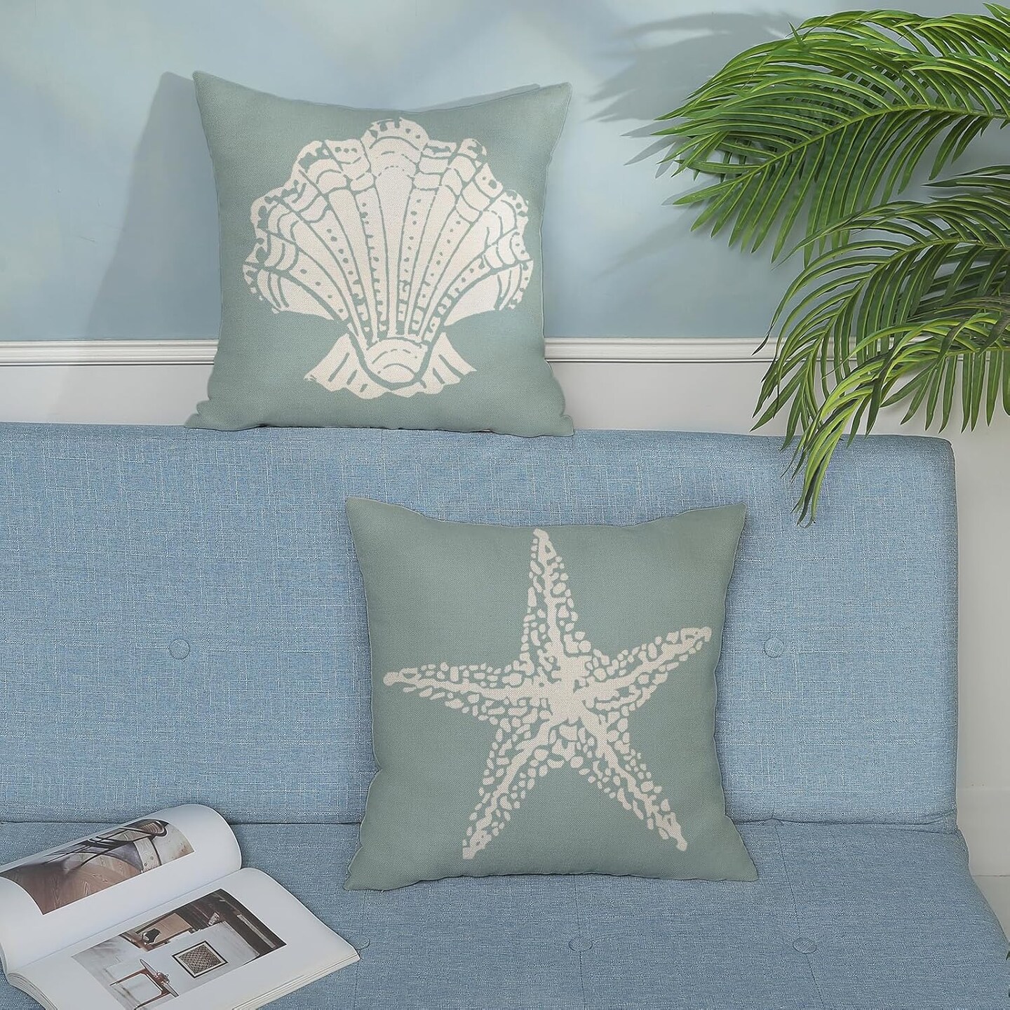 Coastal Pillow Covers 18x18 Inch 2 Pcs Seafoam Blue Starfish Decor Throw Pillows Seashell Nautical Beach Ocean Summer Outdoor Holiday Decoration Pillowcase Linen Cushion Cover for Couch Sofa