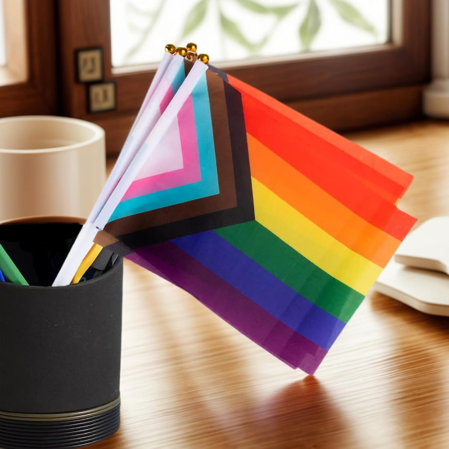 Progress Rainbow Pride Flags, 50 Pack Small Mini Hand Held Stick Flags, Ideal for LGBT Parades, Pride Month, Office &#x26; Home Decor, Multicolor, 11.8 inches x 8.2 inches