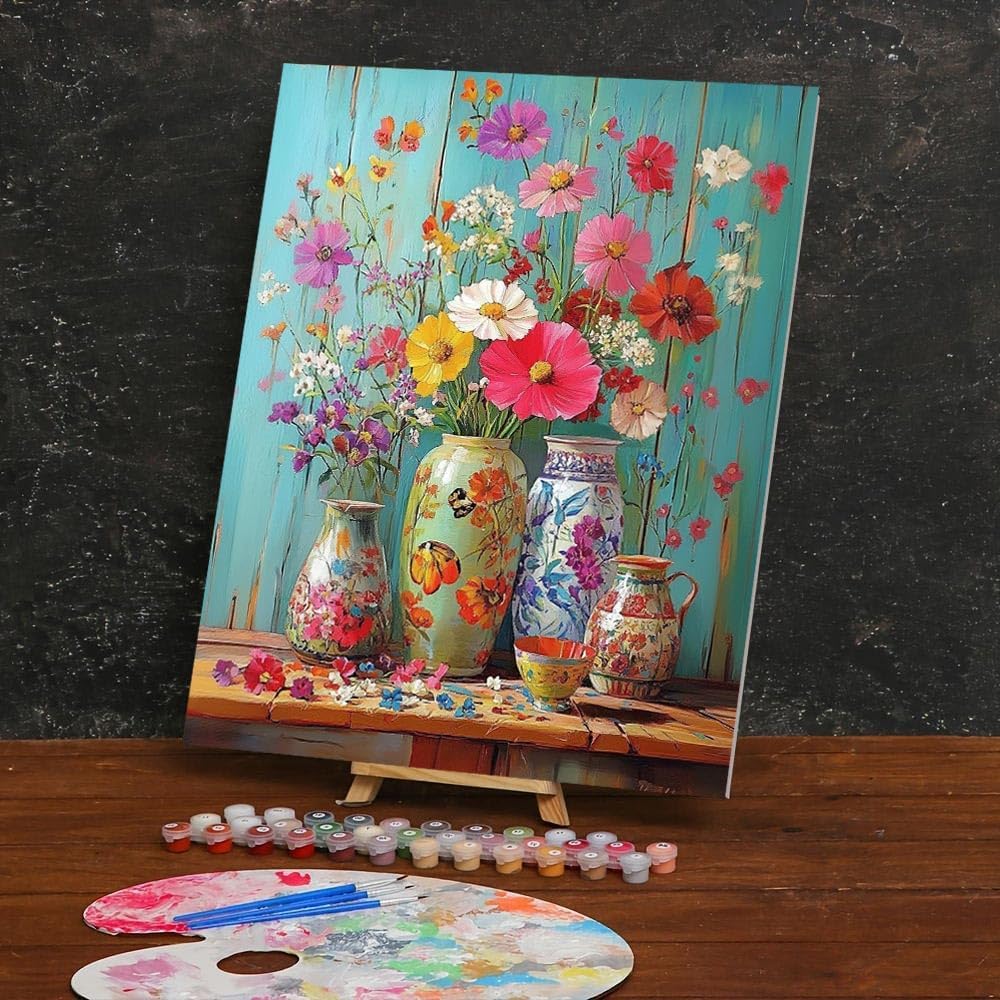Paint by Numbers for Adults Beginner, DIY Acrylic Flowers Easy Adults Painting by Number Kits, Watercolor Flower Vase Paint by Numbers Kits on Canvas for Home Wall Decor 16x20inch