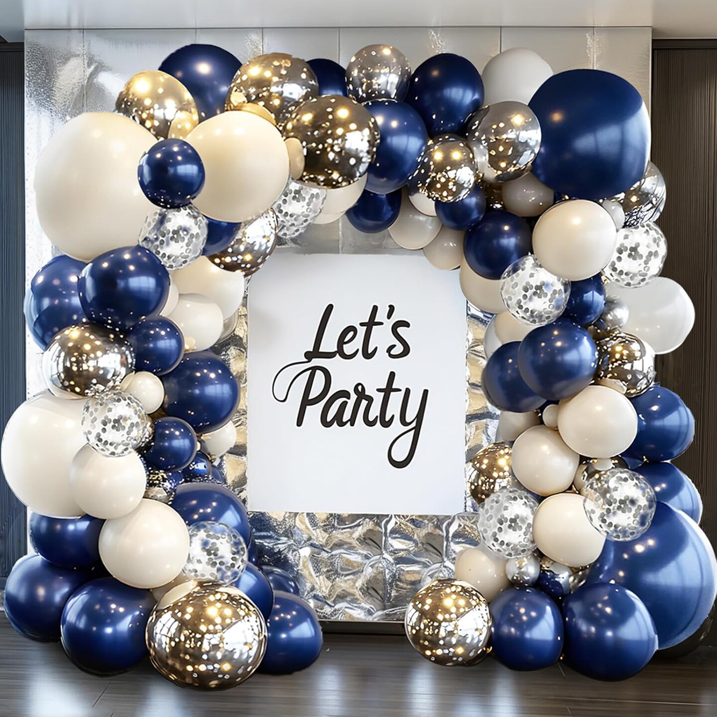Navy Blue Silver Balloons Arch Kit, Double Stuffed Pearl White Royal Dark Blue Silver Chrome with Confetti Balloons Garland Kit for Birthday Baby Shower Wedding Graduation Father's Day Decorations
