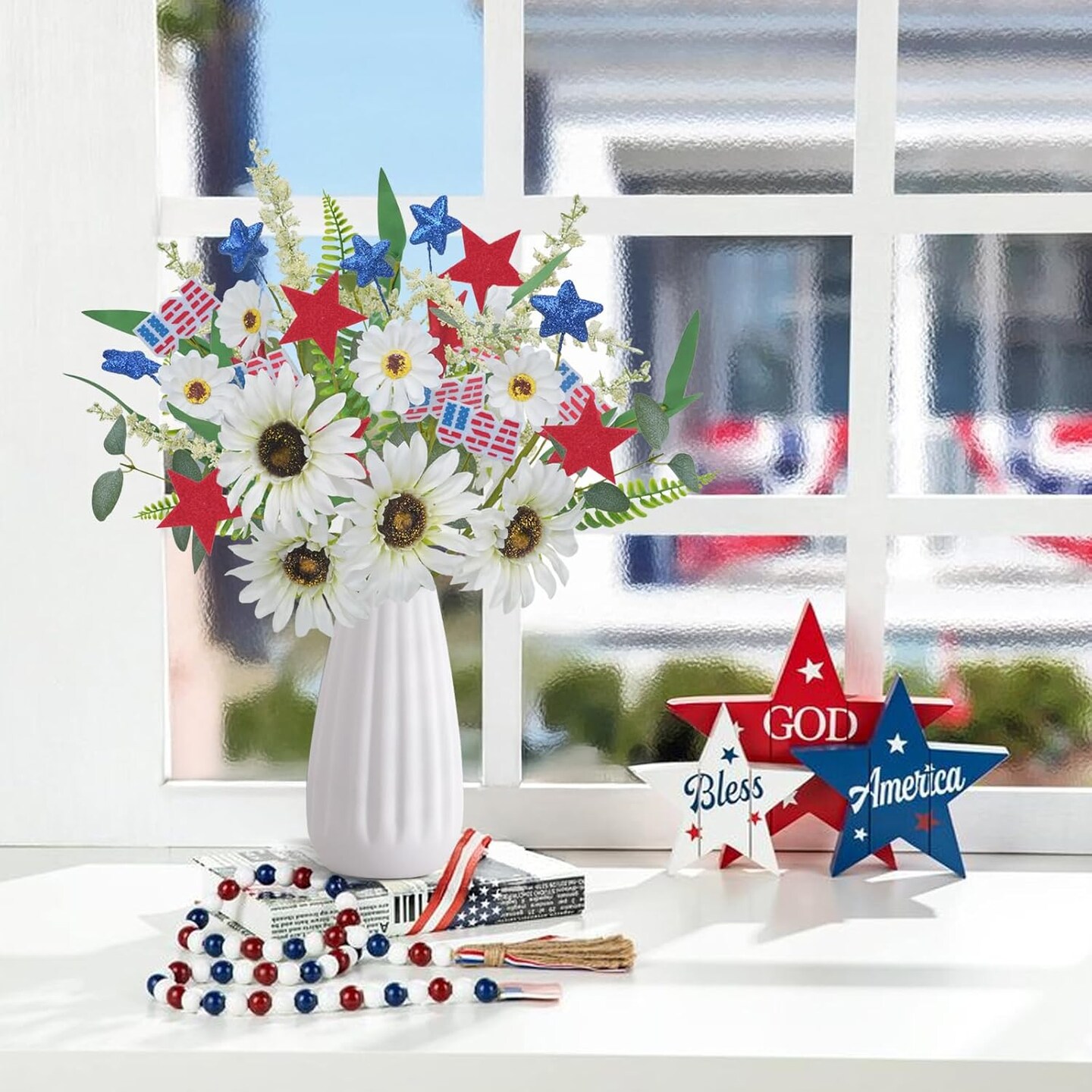 6pcs Silk Wildflower Picks for 4th of July Decorations Artificial Daisy Flowers with Blue &#x26; Red Stars Patriotic Decorations