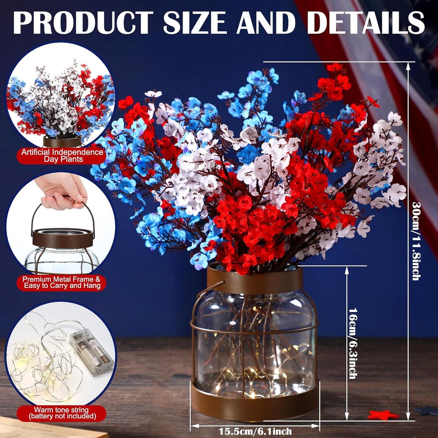1 Set 4th of July Artificial Flowers with Glass Vase Patriotic Red Blue White Baby Breath Decoration Rustic Clear Lights Vase for Independence Day Floral Arrangement Table Centerpieces Gifts