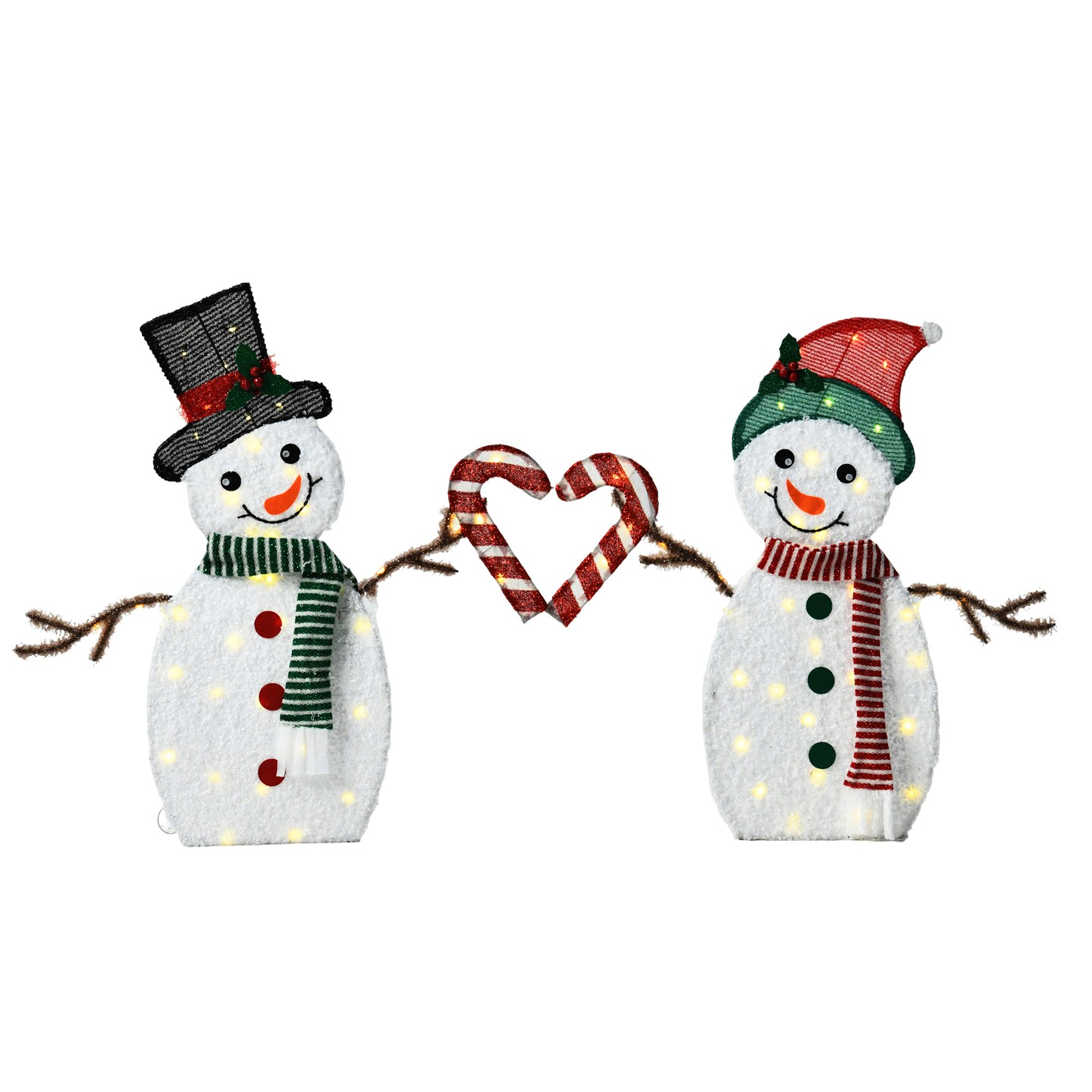 Set of 2 Heart Shaped Snowmen with Warm LED Lights Indoor Outdoor Christmas Decoration 30&#x22; &#x26; 32&#x22; Tall