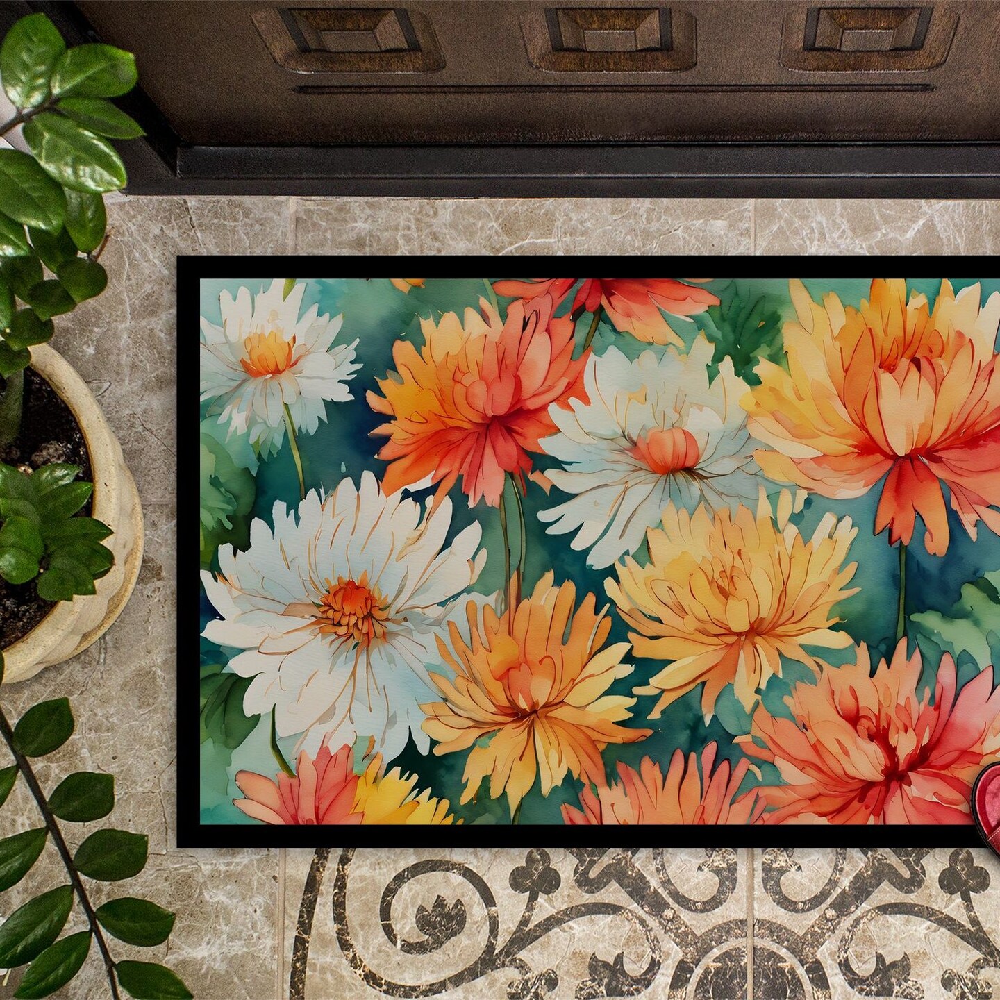 Edge Collections - 18" x 27" - Multicolor - Chrysanthemums Doormat Indoor Outdoor Rug - 1 Piece
