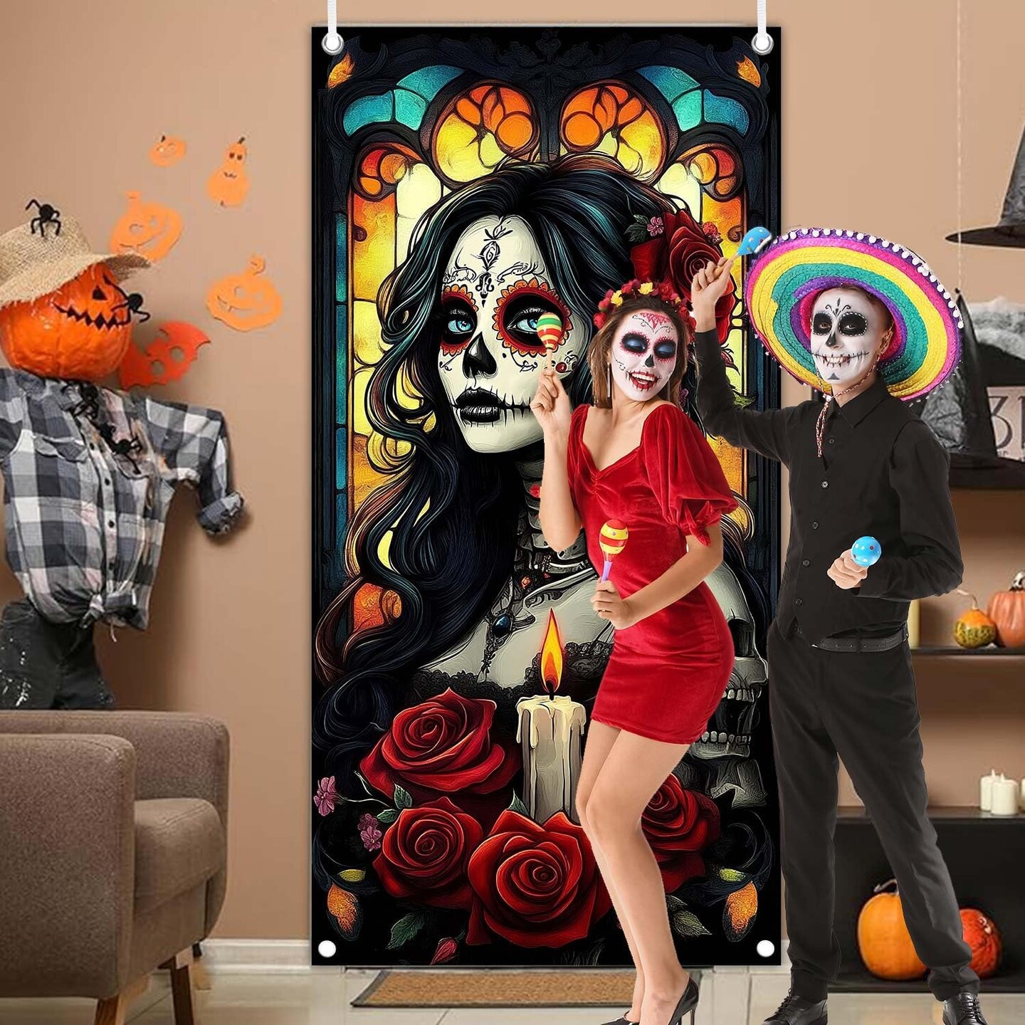 Day of The Dead Door Cover Dia De Los Muertos Porch Sign (Halloween) 70.8&#x22;L x 35.4&#x22;W