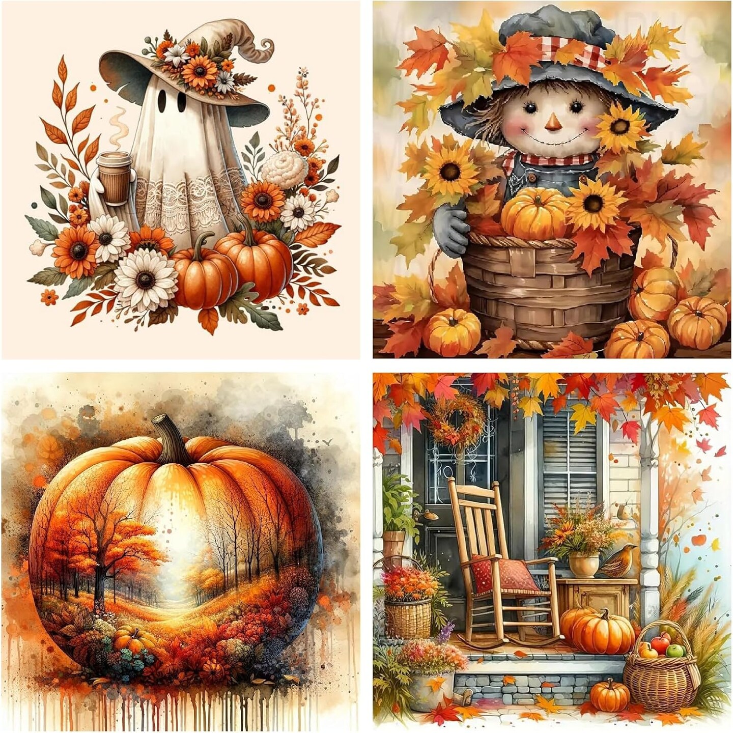 4 Pack Thanksgiving Diamond Art Kits for Adults Beginners,Scarecrow Ghost Fall Pumpkin(12X12 inch)