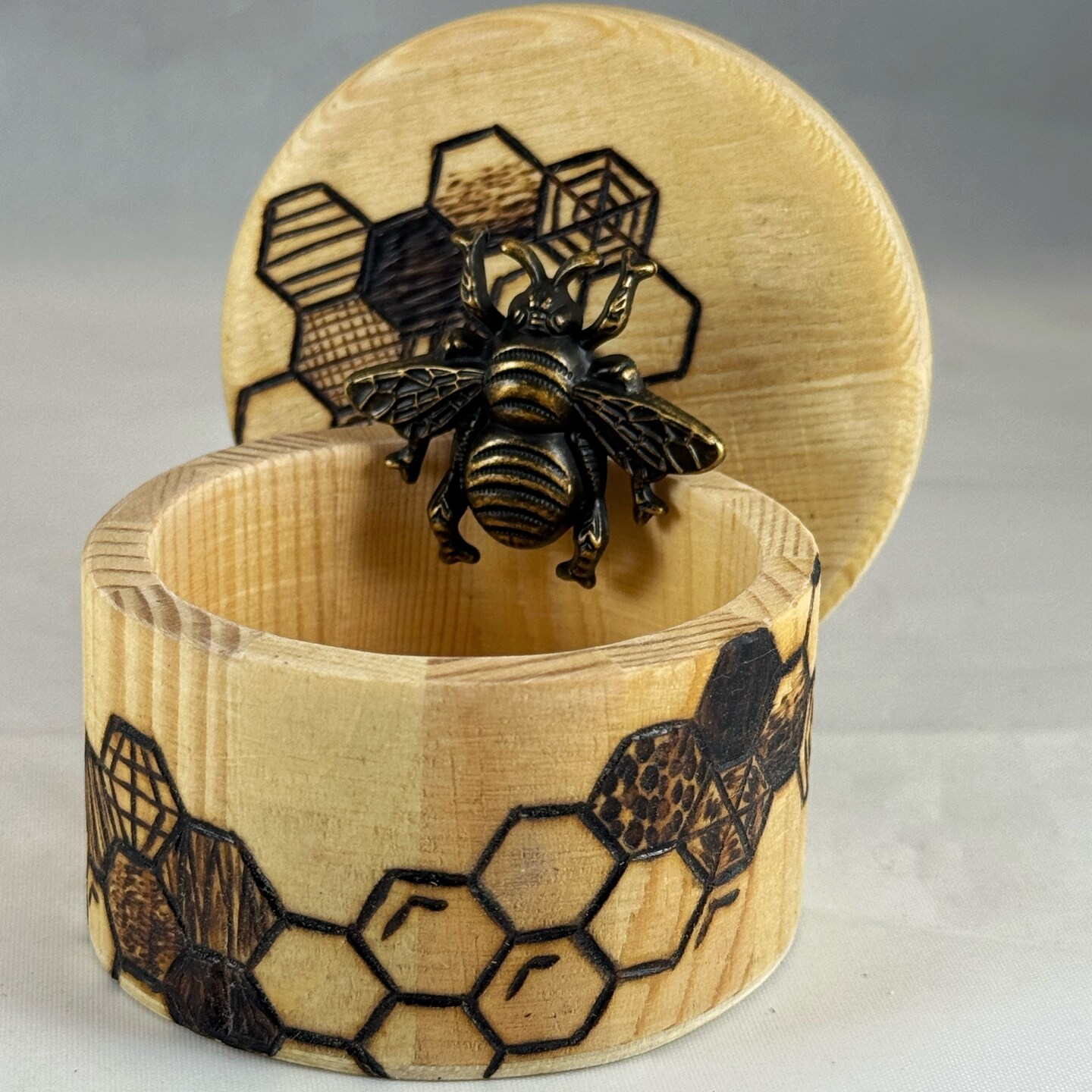 Honeybee Honeycomb Wood Burned Trinket Box with Bee Knob