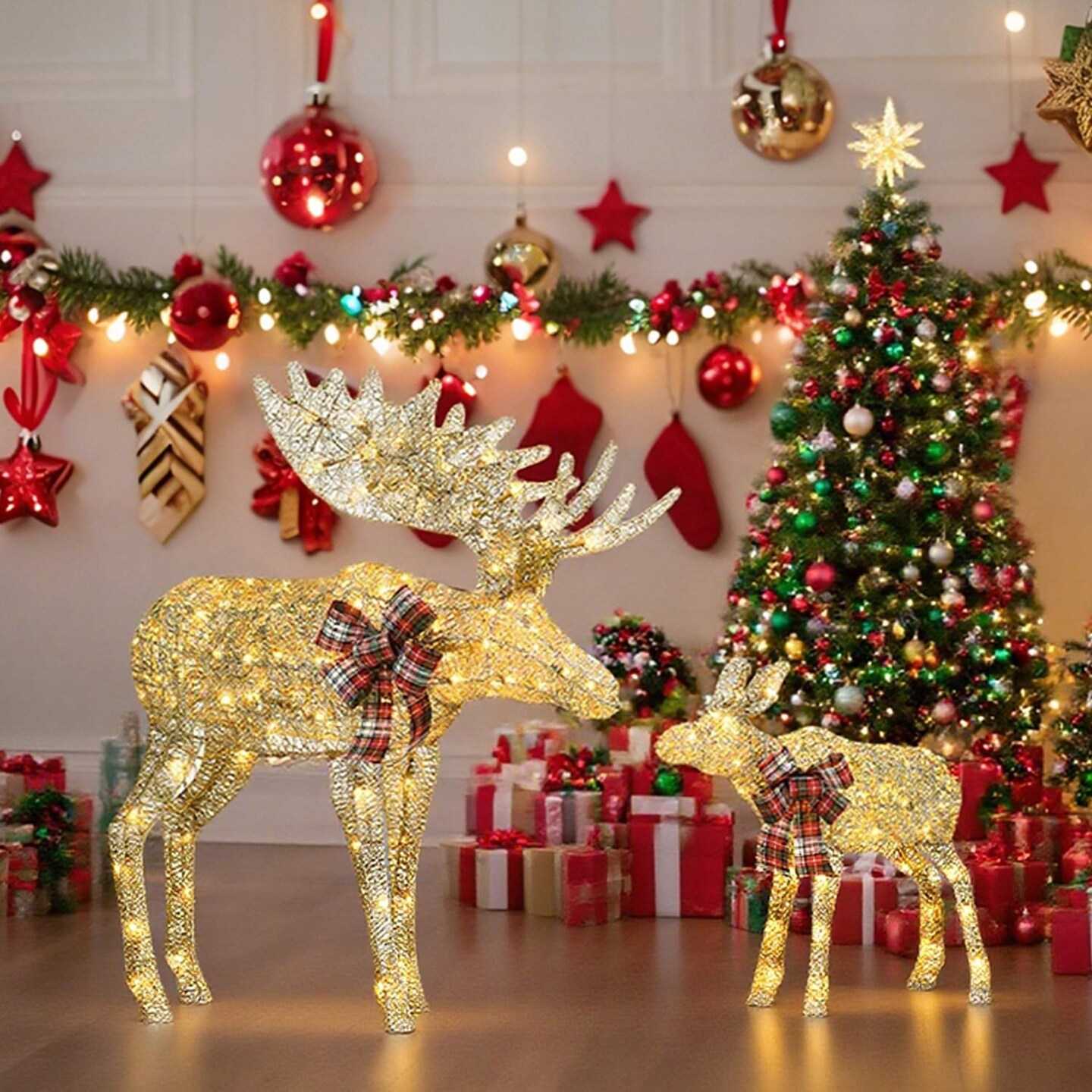Champagne Cotton Rope Reindeer with LED Lights Holiday Decoration 42" H & 22" H