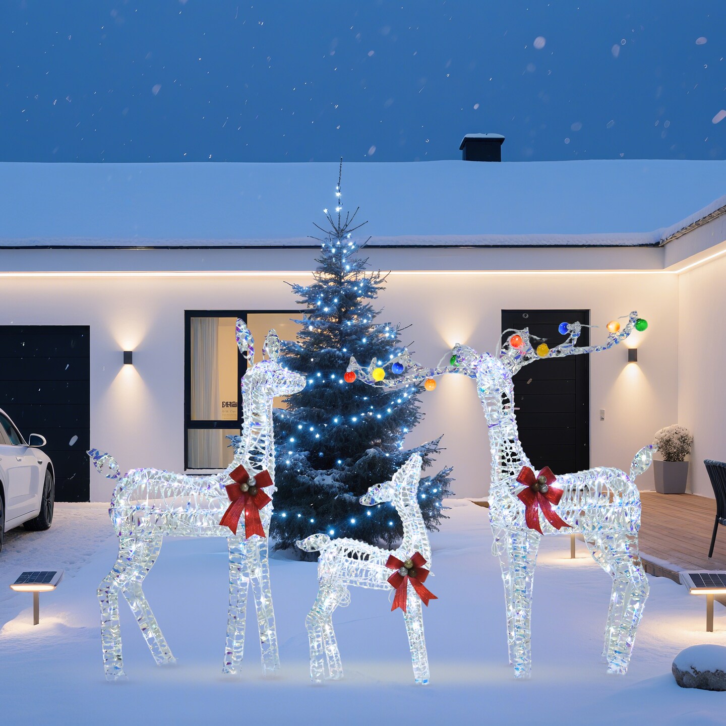 PVC Iridescent Striped Braided Reindeer Set of 3 With LED Lights Holiday Decoration 52 Inch 46 Inch &#x26; 29 Inch