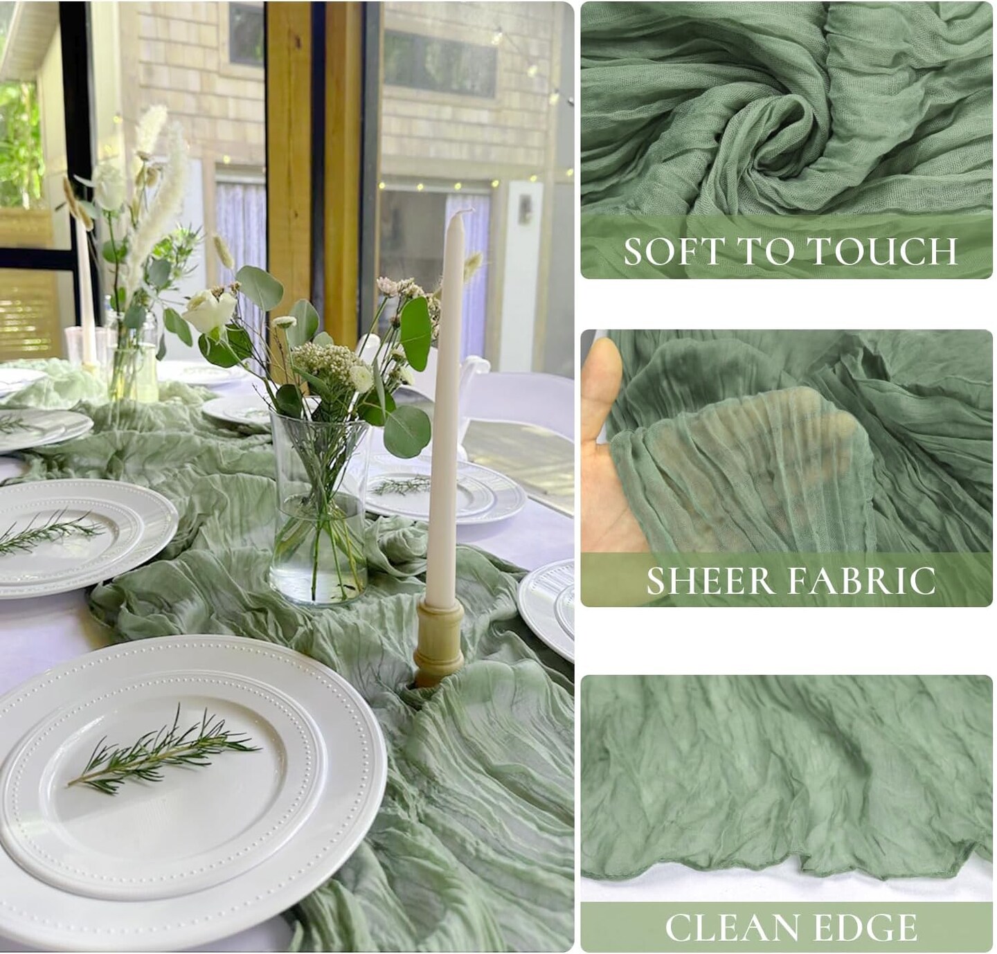 Sage Green Cheesecloth Table Runner, 10ft Gauze Table Runner Boho Green Table Cloth(Sage Green)120"L x 35"W