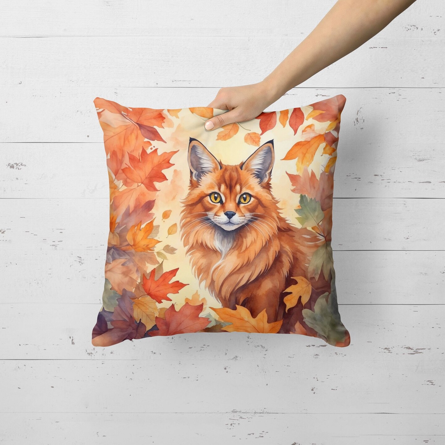 Edge Collections - 18" x 18" - Multicolor - Somali Cat Fall Leaves Throw Pillow - 1 Piece