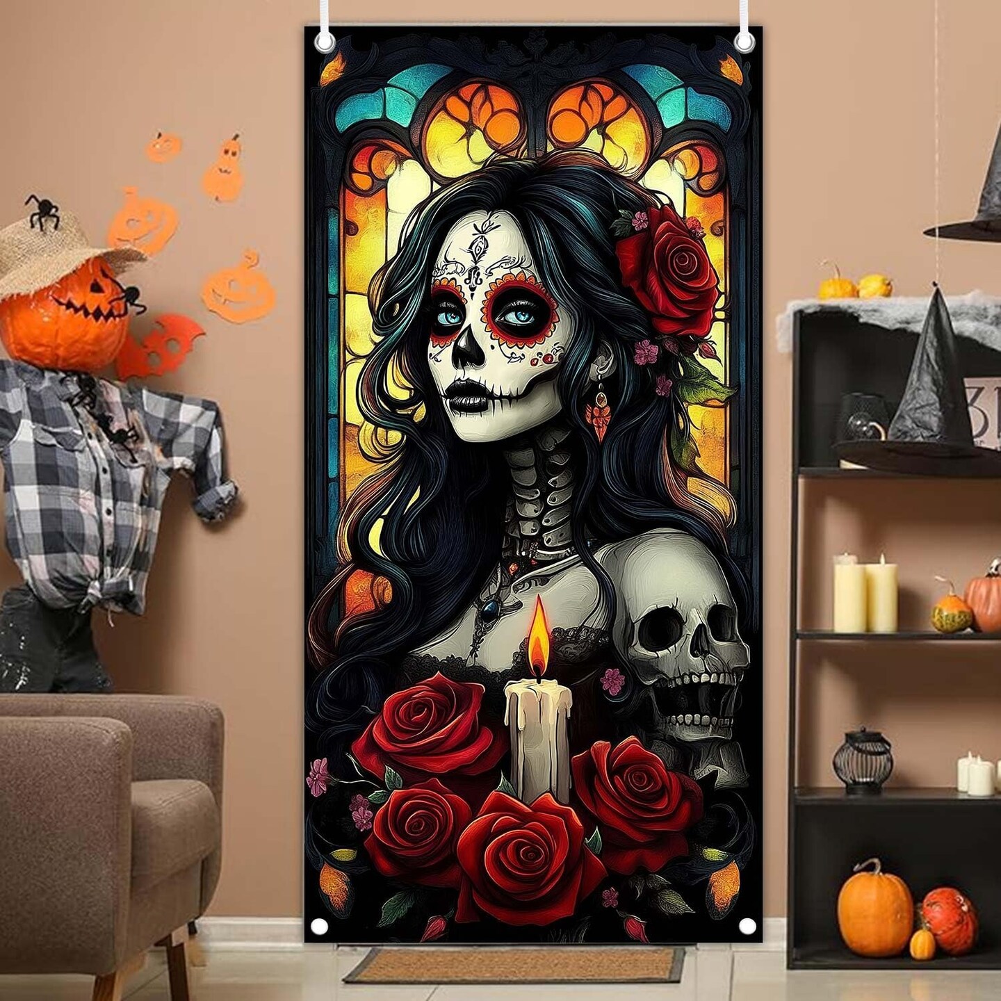 Day of The Dead Door Cover Dia De Los Muertos Porch Sign (Halloween) 70.8&#x22;L x 35.4&#x22;W