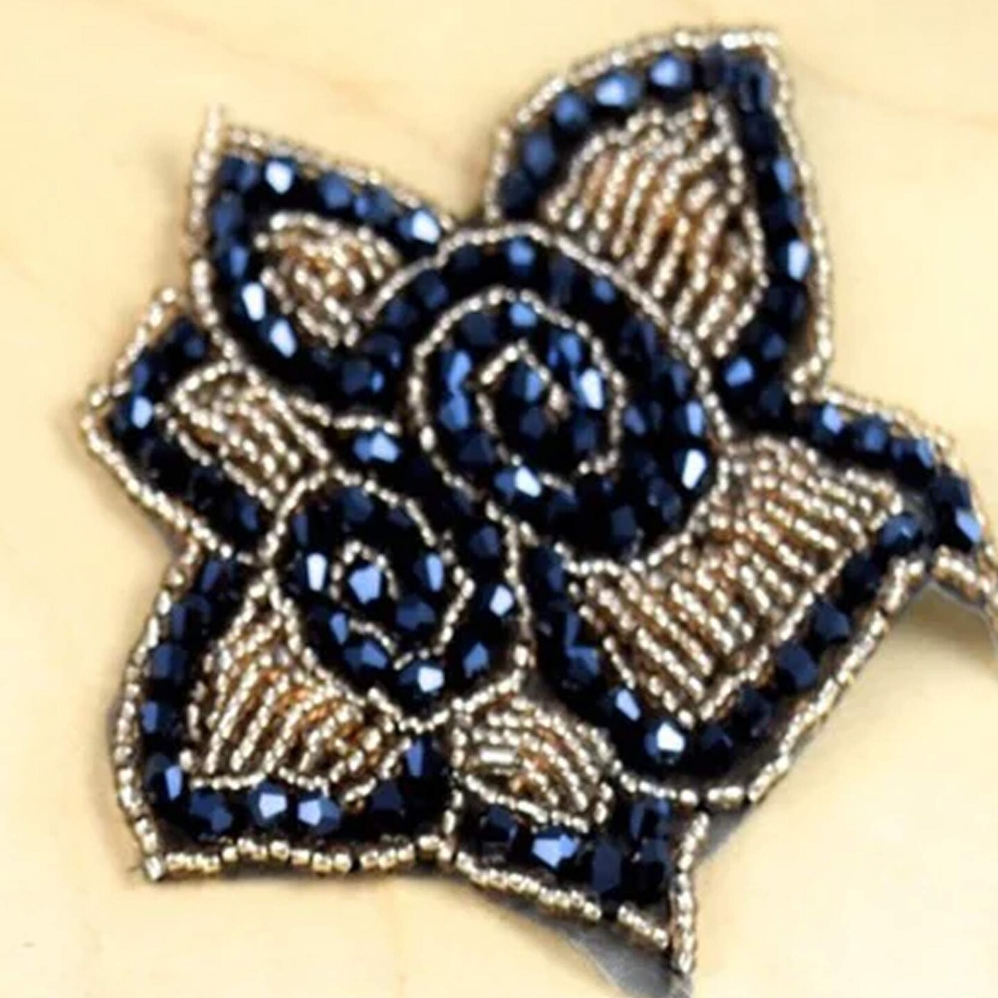1 Patch 3.75" Rose Navy Champagne Rhinestone Beaded Applique Patch for Dresses and Crafts