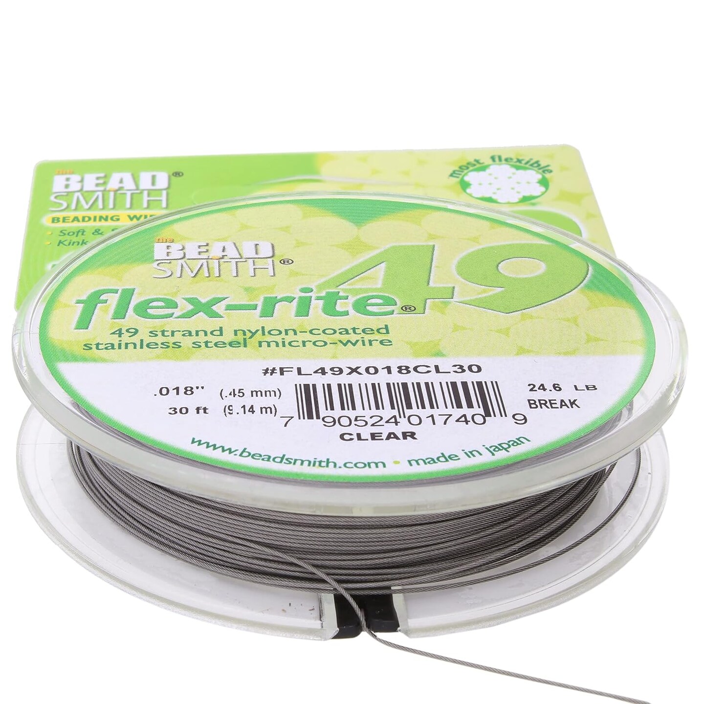 The Beadsmith Flex-Rite 49 Strand Nylon Coated, Stainless-Steel Beading Wire, Jewelry Making Supply (.018 Dia, Clear - 30 Ft)