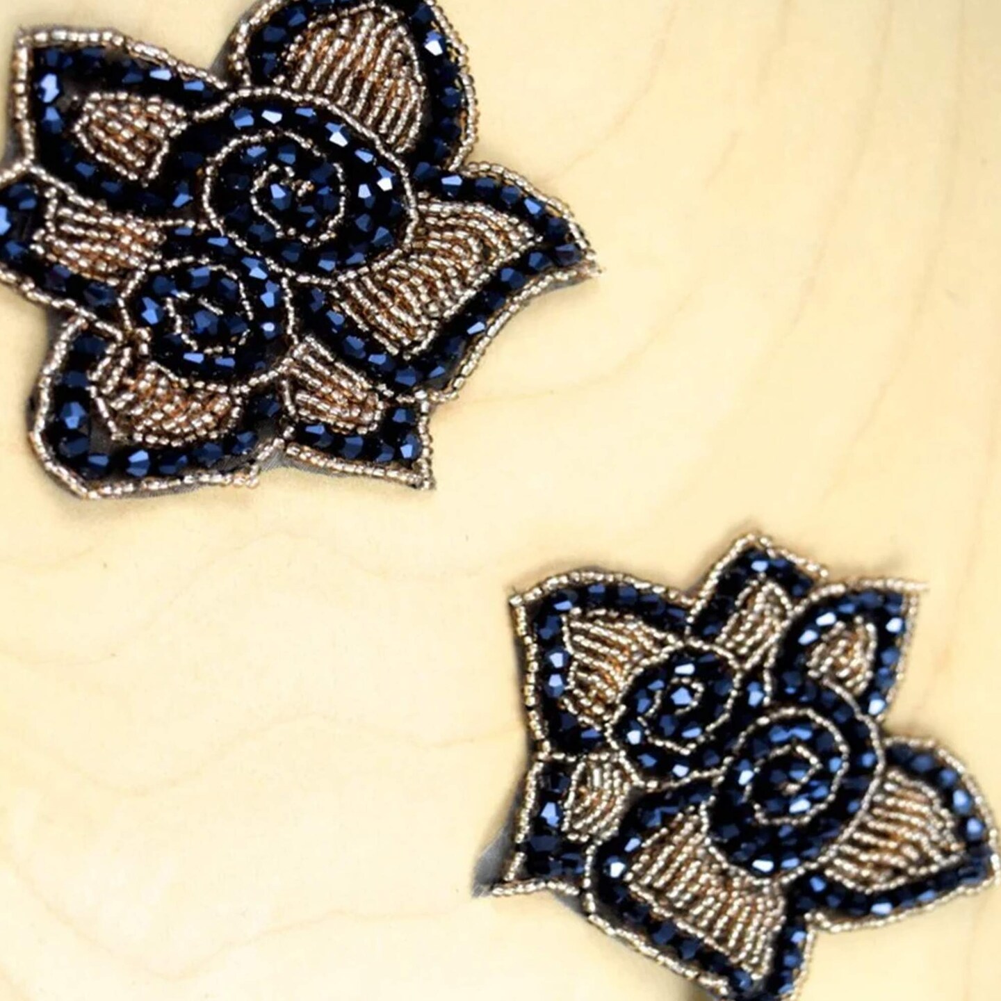 1 Patch 3.75" Rose Navy Champagne Rhinestone Beaded Applique Patch for Dresses and Crafts