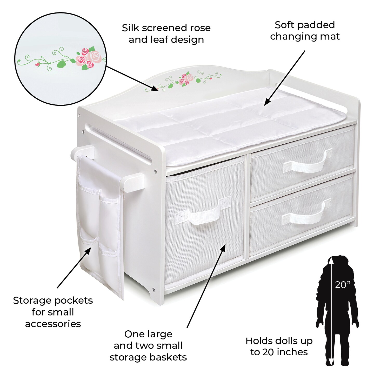 Badger Basket Doll Care Station with Three Baskets, Pocket Organizer and Free Personalization Kit - White Rose