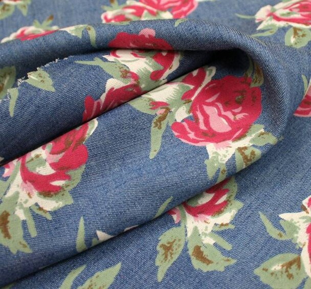 1 Yard Blue &#x26; Pink Printed Denim Fabric 58/60&#x22; Wide Cotton Blend for Jeans, Jackets &#x26; Home D&#xE9;cor
