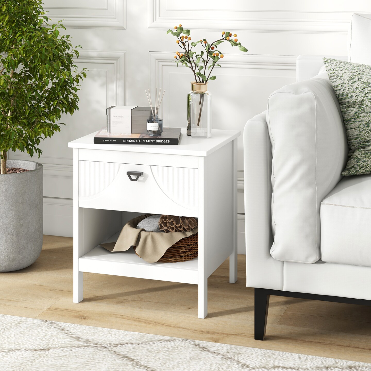 White Engineered Wood Side Table with Drawer, Shelf and Anti-Tip Safety