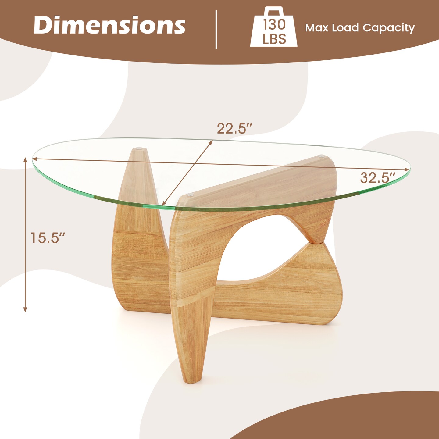 Natural Glass Coffee Table with Adjustable Wood Base, Modern Triangle