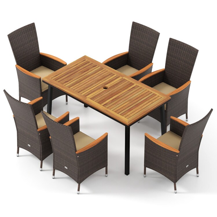 Outdoor Dining Set for 6 Patio Wicker Armchairs and Acacia Wood Table
