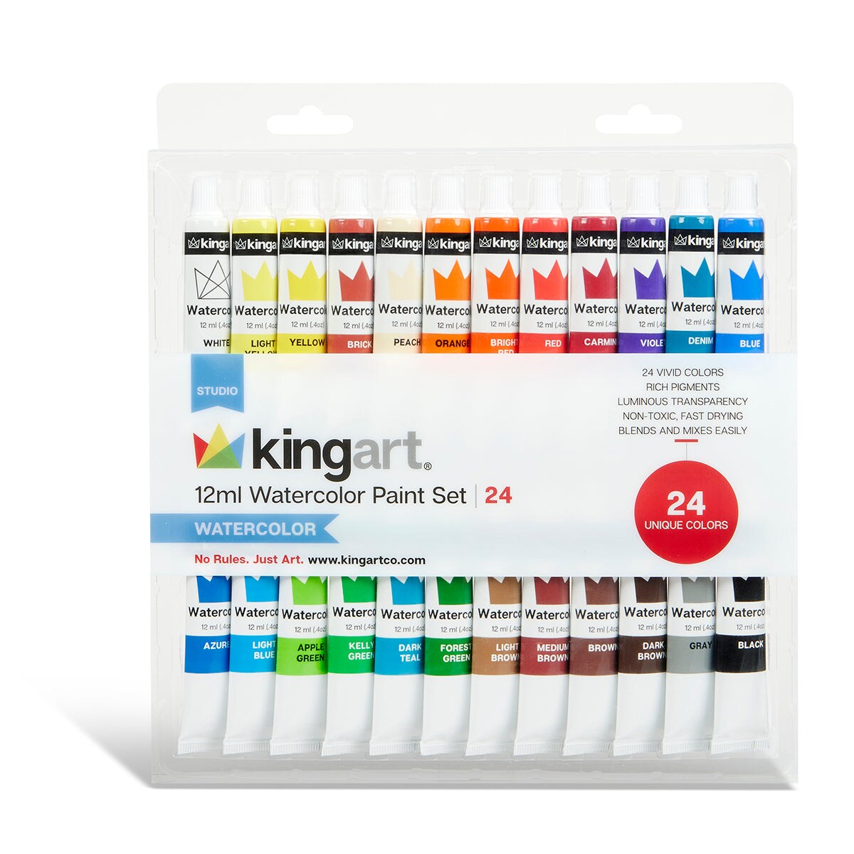 KINGART® Studio Watercolor Paint, 12ml (.4oz), Set of 24 Unique Colors
