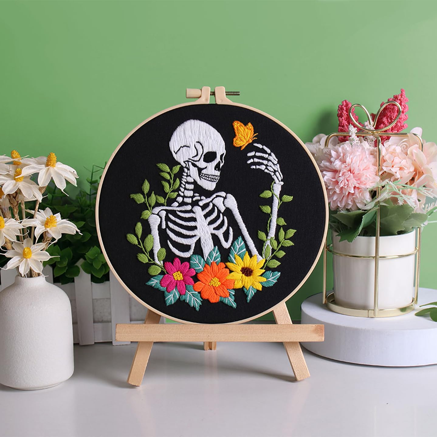 3 Sets Halloween Embroidery Kits for Beginners,Cross Stitch Kit for Adults,DIY Starters Needlepoint with Skull Flowers Pattern,Including Instruction