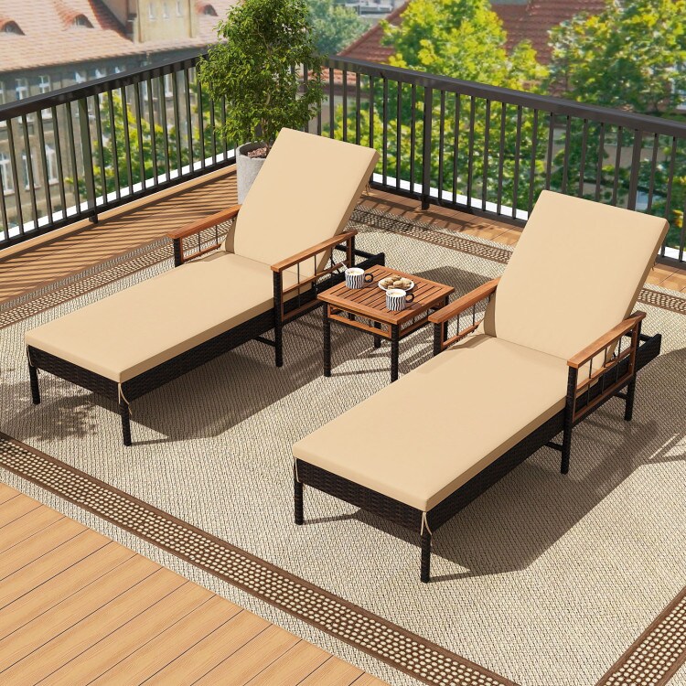 Outdoor Chaise Lounge with Cushions, Adjustable Reclining Back, PE Rattan, Brown
