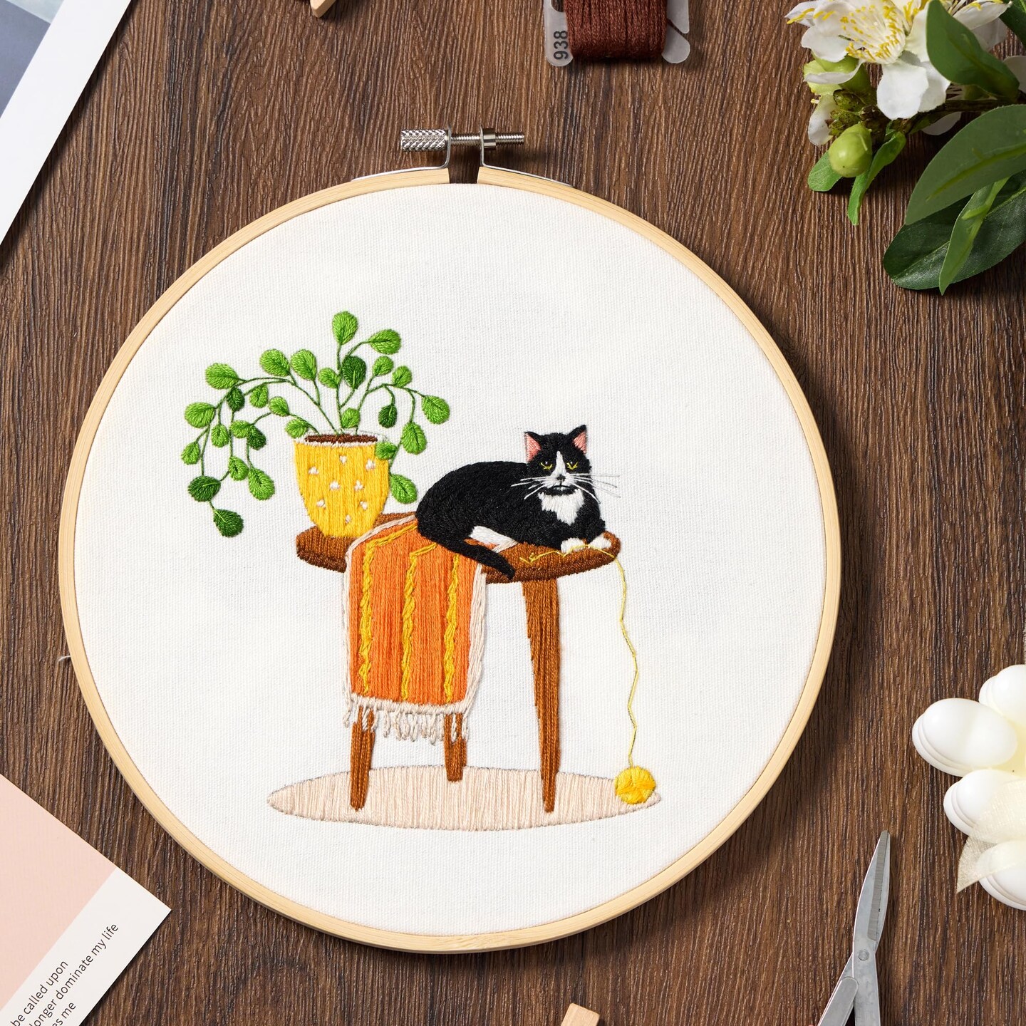 4 Sets Embroidery Set for Beginners, Art Craft, Easy Sewing, Includes Embroidery Clothing, Pattern, Embroidery Hoop, Instruction Manual, Colorful Thread Stitch Set (Cat)