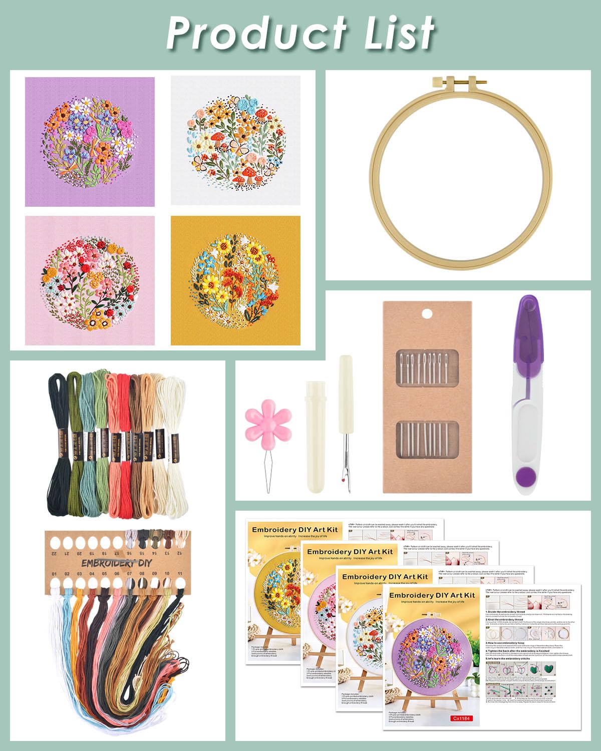 4 Sets Embroidery Kit for Beginners,Hummingbird and Flower Cross Stitch Set for Include Embroidery Cloth Hoops Threads for Craft Lover Hand Stitch (Flower)