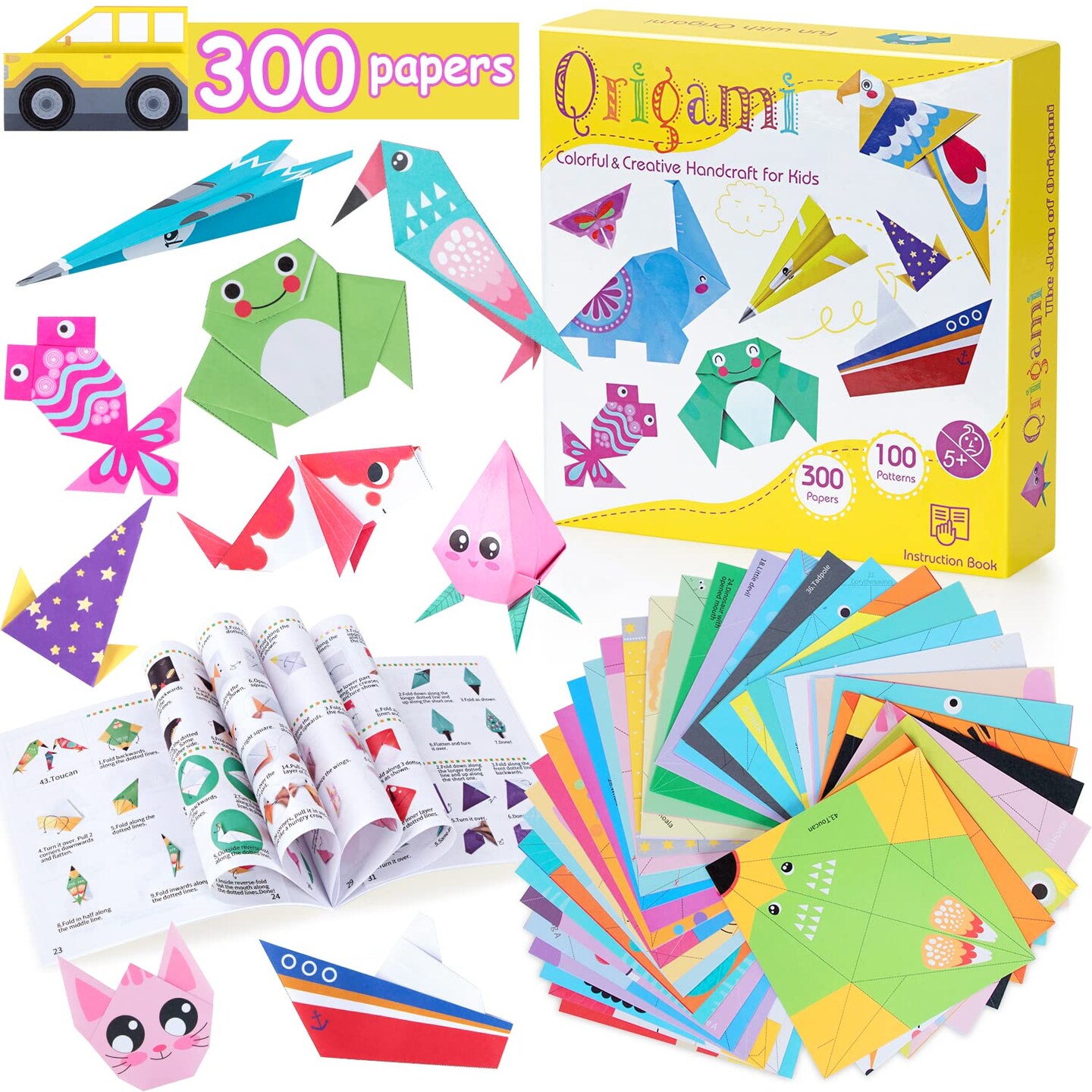 Origami Paper for Kids, 300 Sheets Colorful Origami Paper Kit 5.5Inch, 100 Origami Projects & Easy Origami Book Origami Kit for Kids, Creativity Training & Brain Development Origami Set for Kids